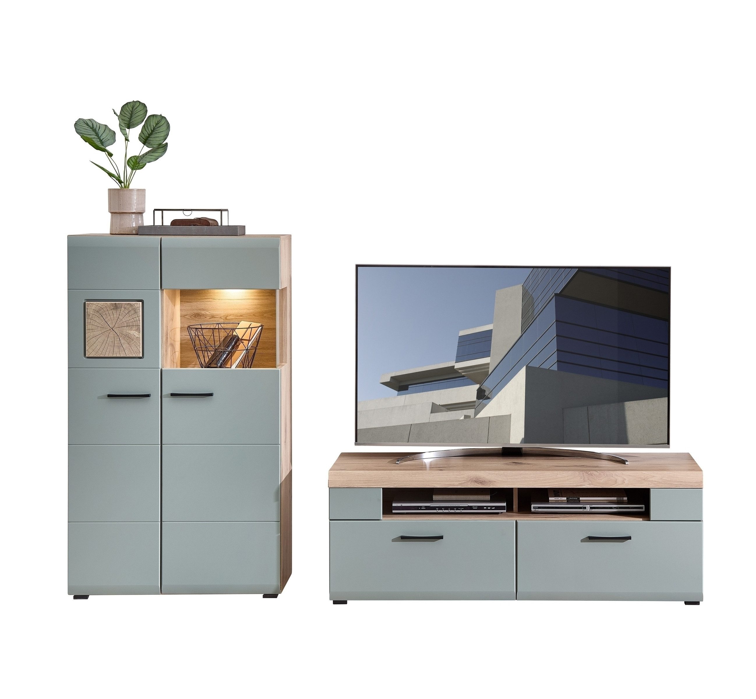 freiraum Wohnwand Kathlin, (2-teilig), (2-teilig) in schilfgrün / Eiche Dekor - ca. 250x139x47cm (BxHxT)