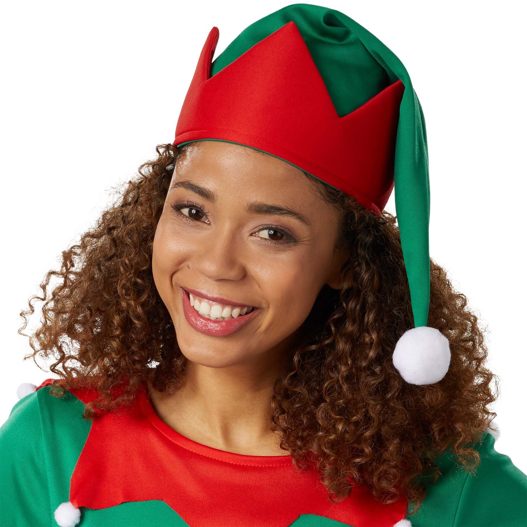 dressforfun Bommelmütze Pudelmütze, Spitz zulaufende Form mit weißem Bommel als Abschluss (Wintermütze, Konfektionsgröße 0 in rot/grün) Wichtelmütze in Grün und Rot, Großes Zackenmuster am unteren Ende