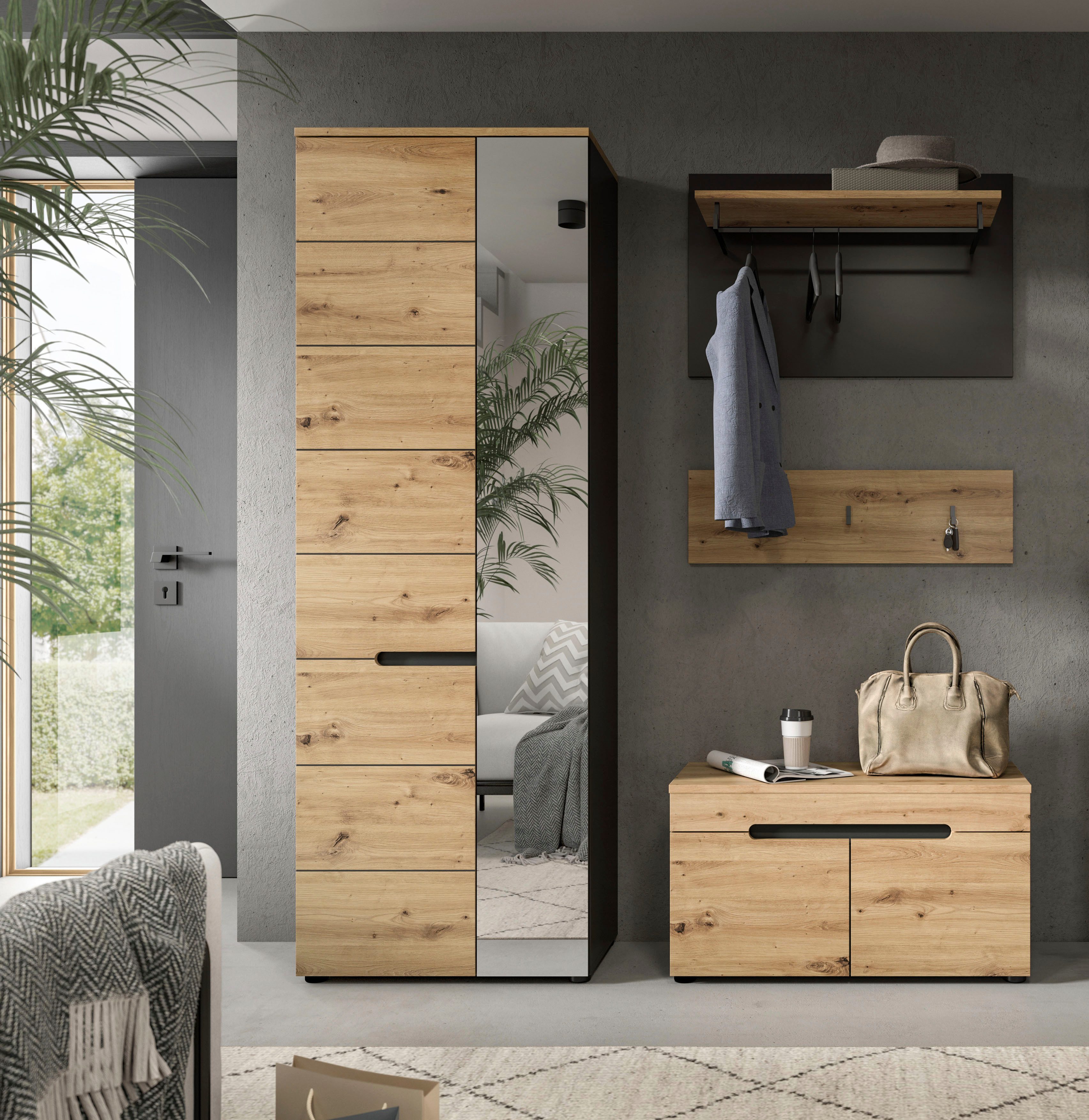 Home affaire Garderoben-Set REHAT, TOPSELLER!, 4-teilig, Breite 160cm, individuell stellbar, (Set, 3-St., bestehend aus: Garderobenschrank, Sitzbank, Paneel, Hakenleiste), Garderobenkombination, Kombination, Set, Flurgarderobe, Diele