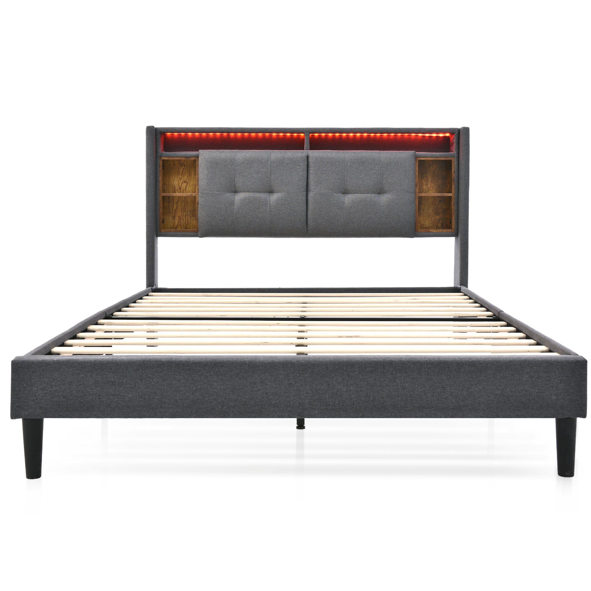 Polsterbett (mit Stauraumfächer und Steckdosen), Doppelbett mit LED-Beleuchtung, 160x200 cm, Leinen