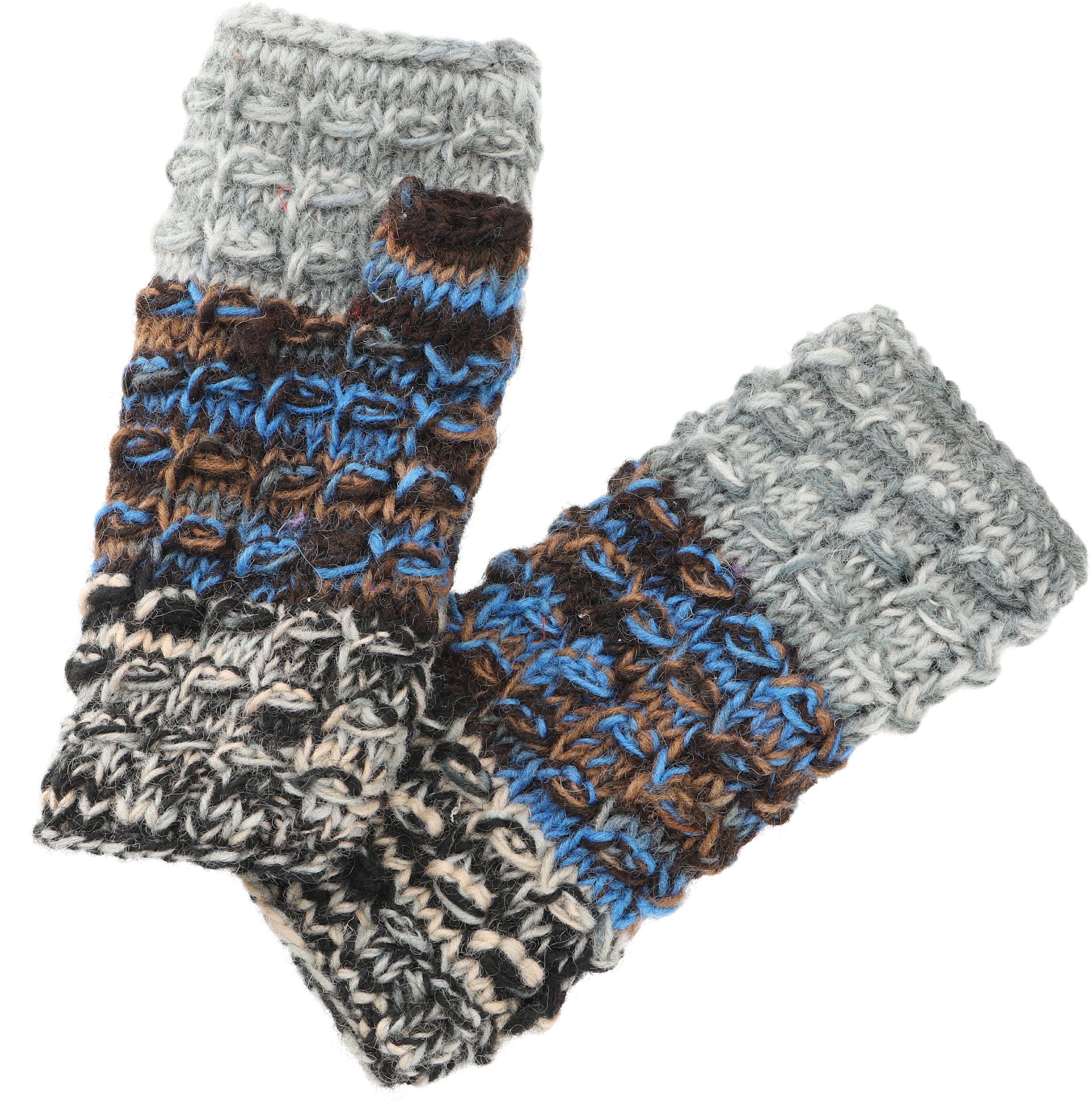 Guru-Shop Strickhandschuhe Handstulpen, gestrickte Wollstulpen aus Nepal -.. grau/blau