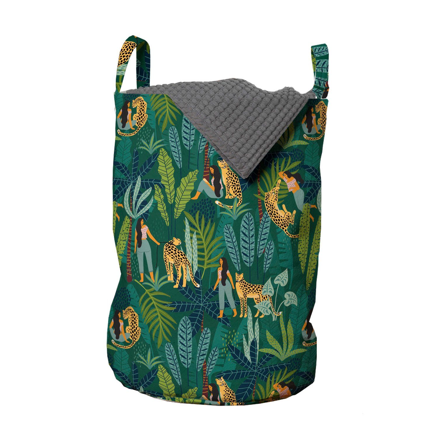 Abakuhaus Wäschesäckchen Wäschekorb mit Griffen Kordelzugverschluss für Waschsalons, Tierwelt Mädchen in Jungle Leopard