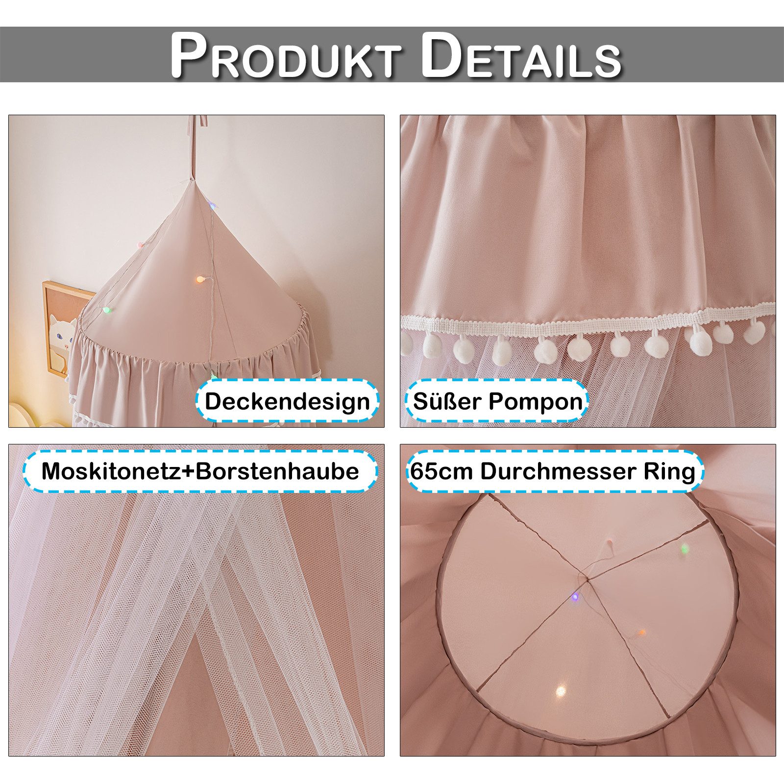 Sunicol Moskitonetz Doppelschicht Moskitonetz, Bett Baldachin, Lichtblockierung Kuppel, Faltbares Pompon Moskitonetz Bett für Kinderzimmer