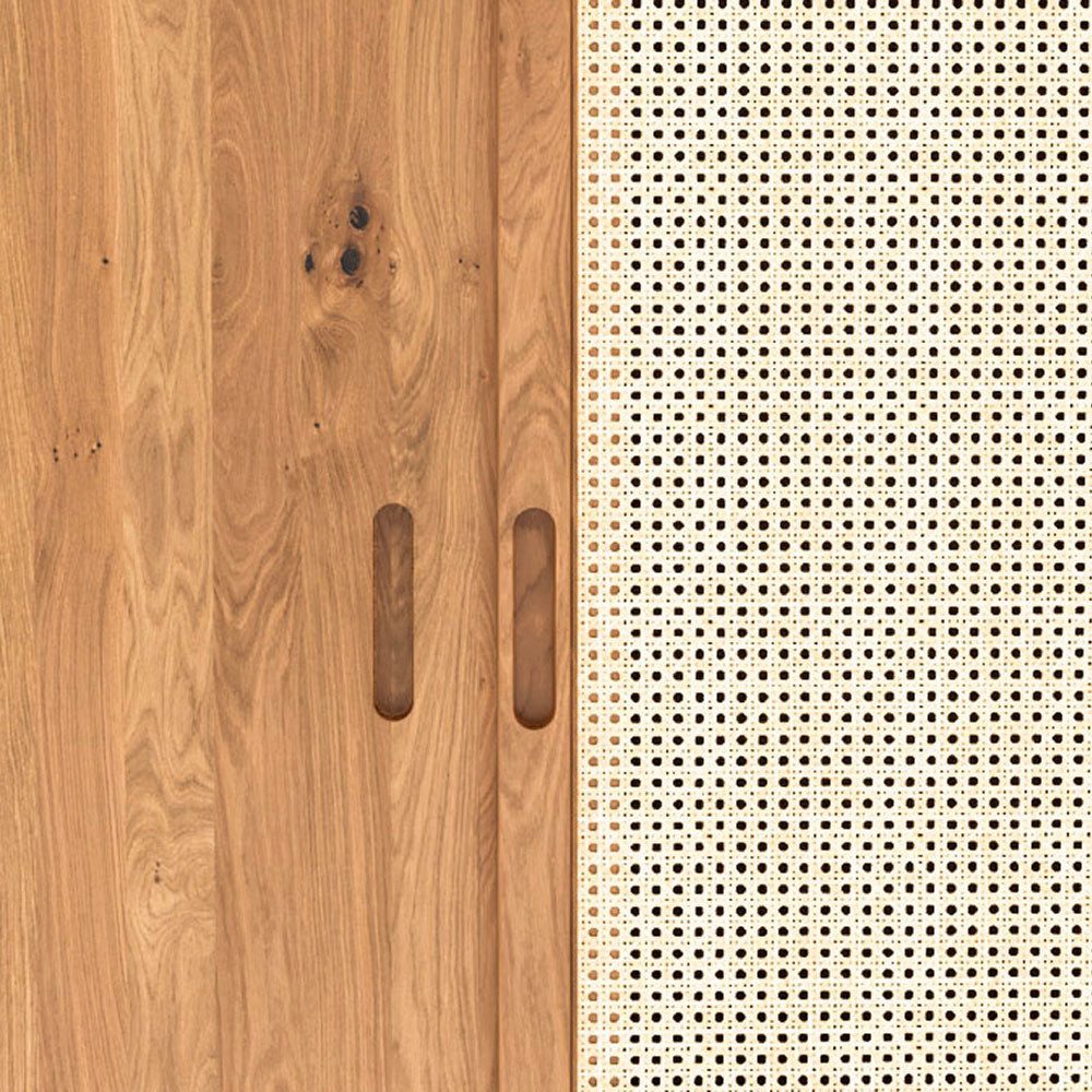 Lomadox Garderobenschrank PORI-165 Eiche massiv geölt, 108 cm breit, Rattengeflecht, montierte Lieferung
