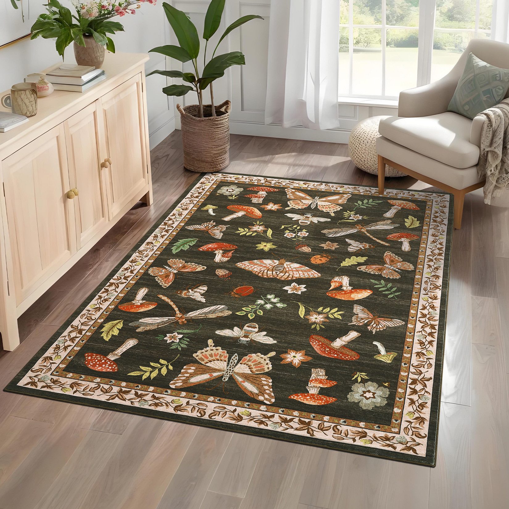 GarveeMore Teppich Cottagecore-Stil, buntes Wald- & Insekten-Muster, weicher Flor, rechteckig, Höhe: 0.6 mm