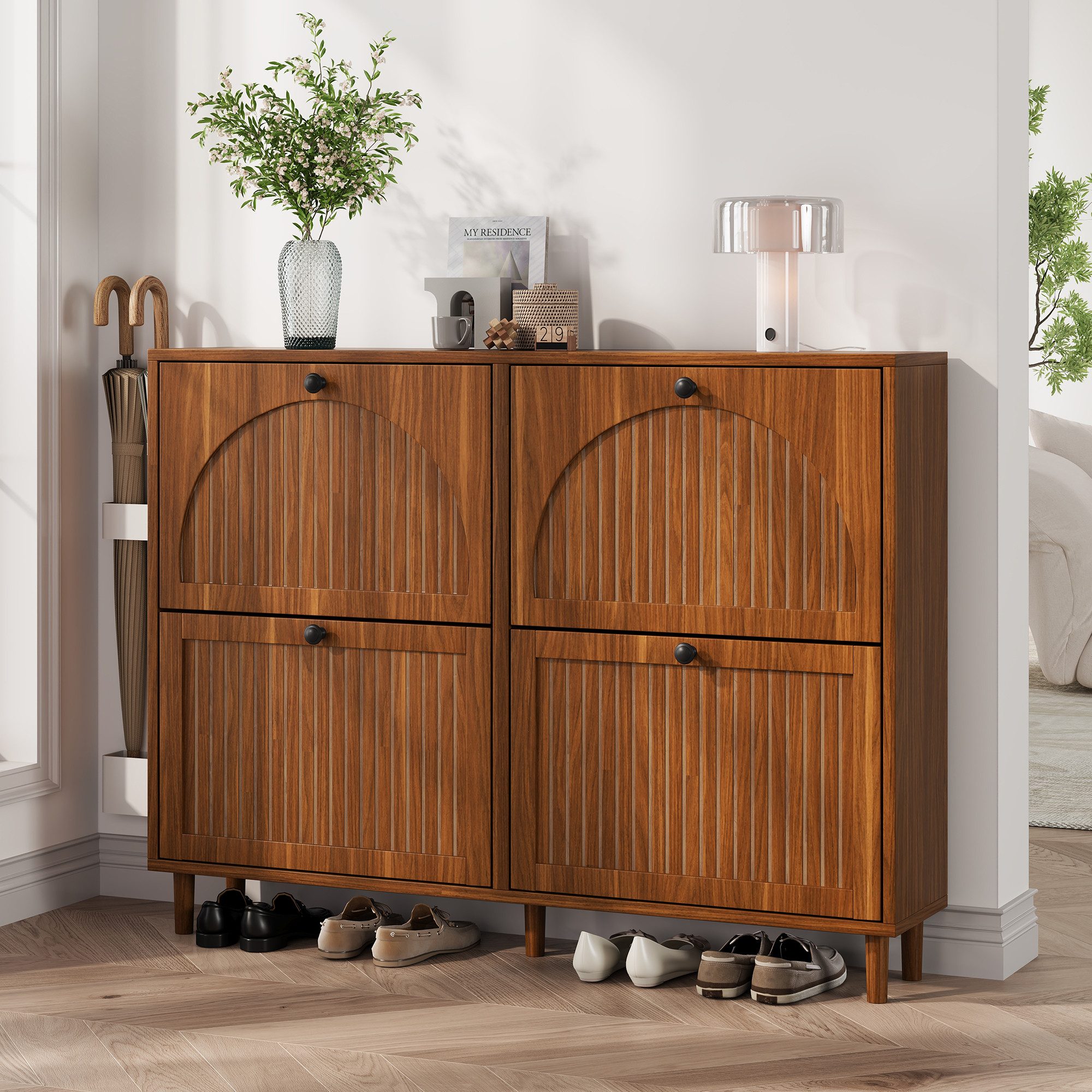 Merax Schuhschrank in Walnussholz-Optik (Schuhregal Schuhaufbewahrung für Eingangsbereich, 1-St) Schuhkommode mit 4 Kipptüren, 8 Fächern & Stauraum, 120x24x90cm