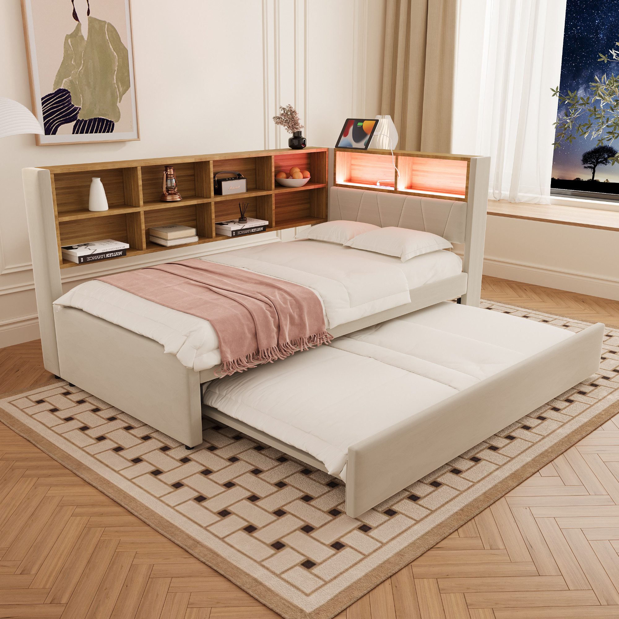 HAUSS SPOLE Schlafsofa 90x200 mit ausziehbett 90x190 mit LED Leuchten und Staufächern Beige, mit Ausziehbett 90x190 cm, Daybett Tagesbett mit USB-Steckdose & Stauraum, Polsterbett für Wohnzimmer & Gästezimmer 90x200 cm, ohne Matratze