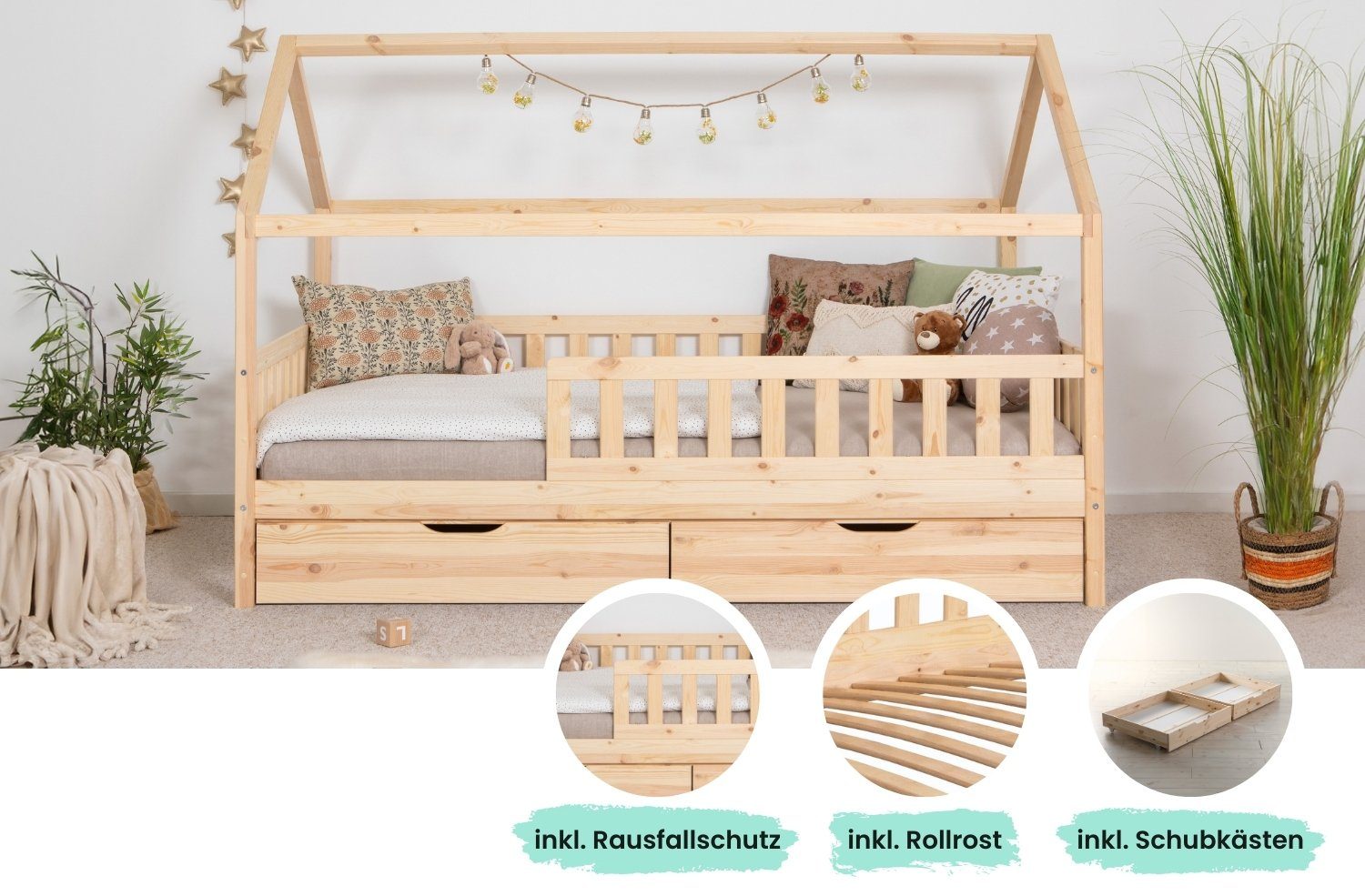 Ticaa Hausbett Kay mit Rausfallschutz und Schubkasten aus Kiefer, Kinderbett 120x200, inkl. Dach, mit Rollrost