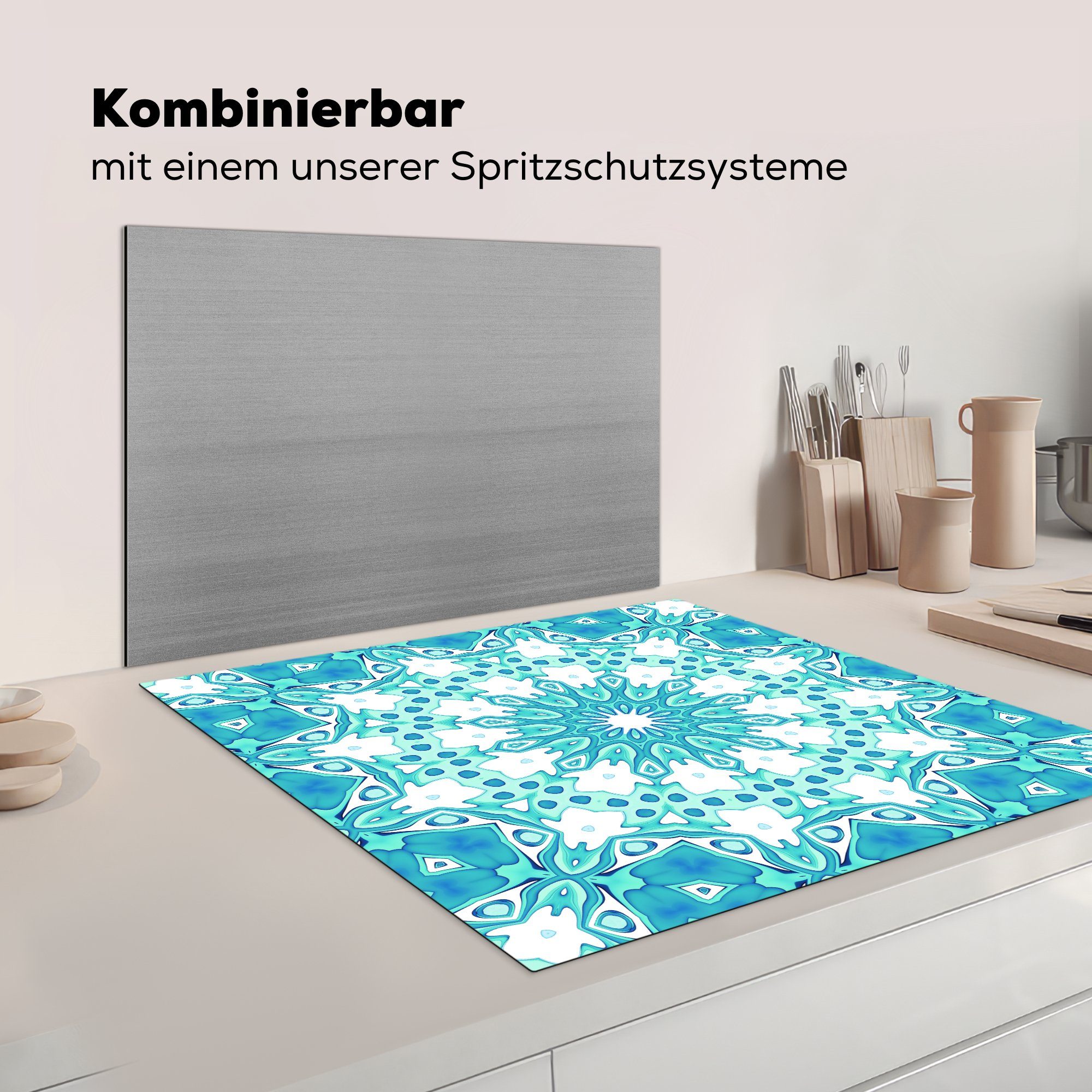 Herdblende-/Abdeckplatte und nahtloses MuchoWow küche tlg), hellblau 78x78 Mosaikmuster für (1 Ceranfeldabdeckung, grün, cm, Vinyl, auf Buntes Arbeitsplatte