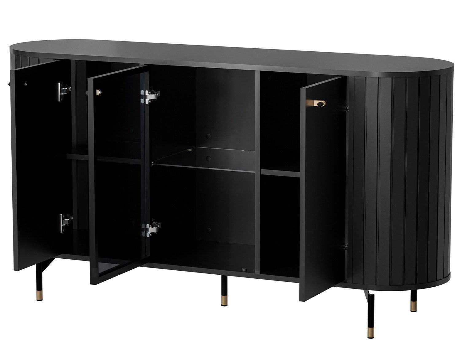 Beautysofa Kommode ZALIA 150 cm mit Glastür und Stauraum (Metallbeine mit Goldakzenten, Retro-Design, geriffelte Seiten), Cashmere oder Schwarz