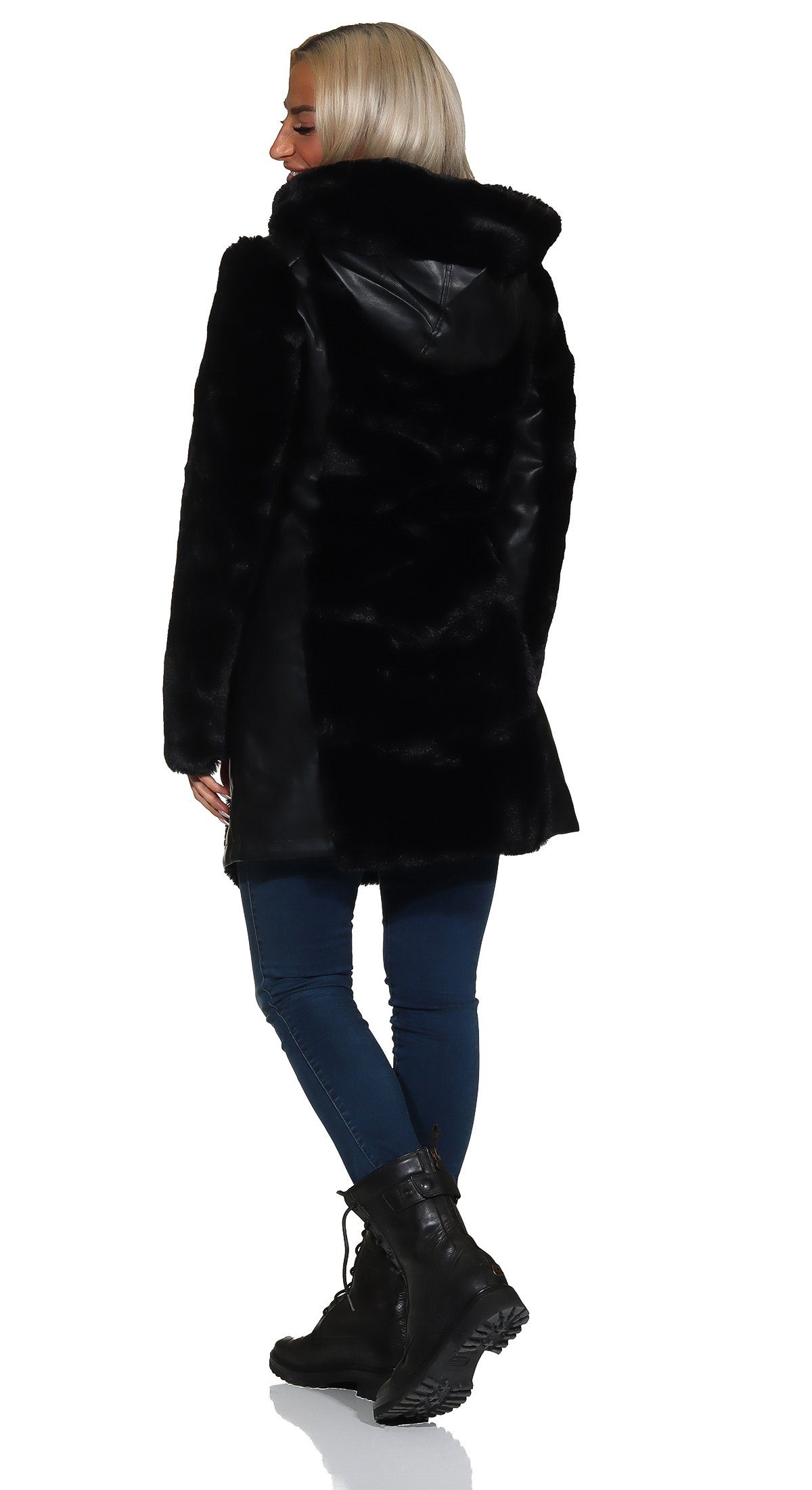 Aurela in auch Kapuze, schwarz in Damen Größen Lederimitatmantel erhältlich, mit mit Teddyfutter Wintermantel Damenmode eleganter großen Lederoptik Kunstfell Parka