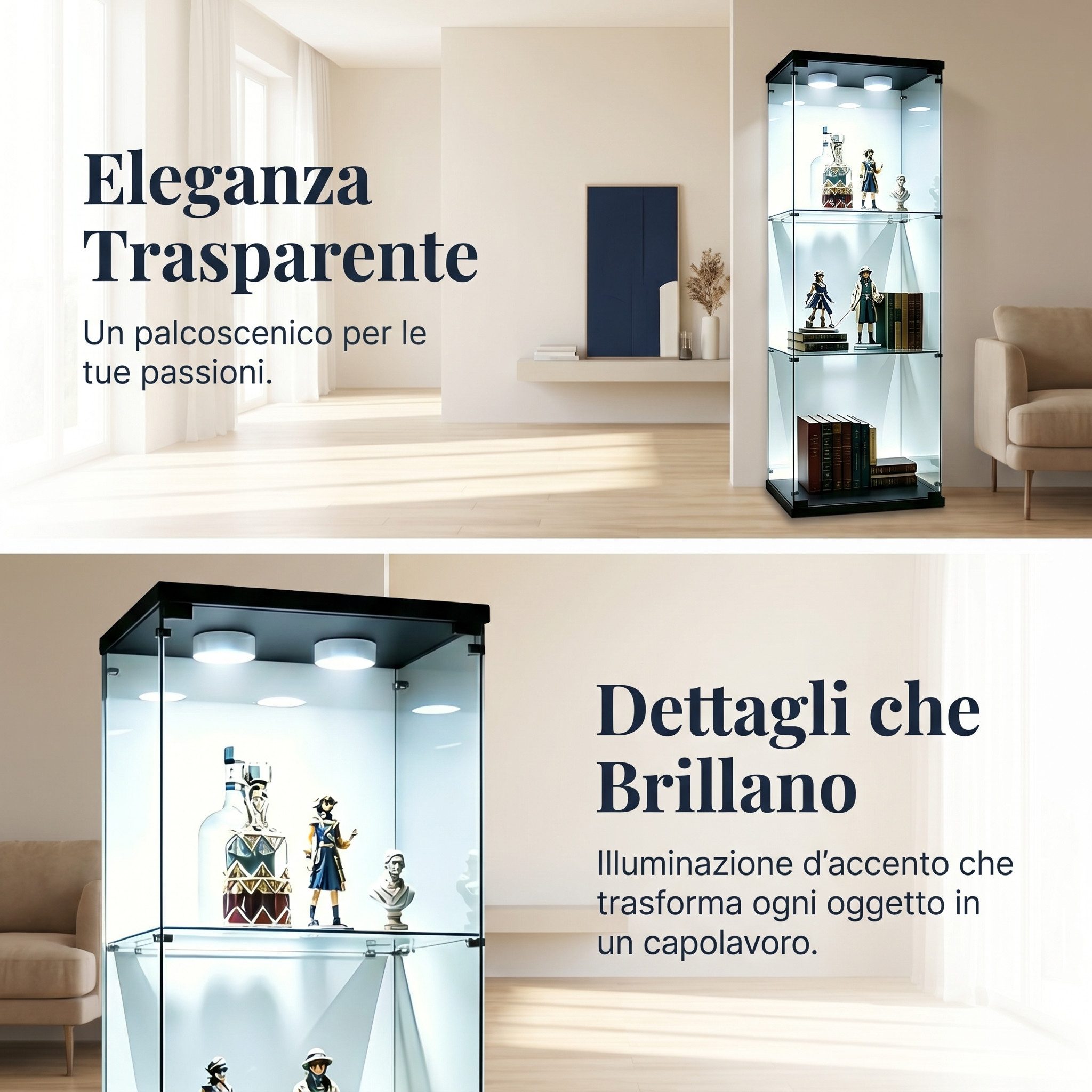 Simurq Glasvitrine mit LED Beleuchtung Standvitrine mit Glastür,Eckvitrine Glas (1-2 Packungen, Vitrinenschrank mit 1 türen,Schloss) Glas vitrine aus Gehärtetes Glas,Sammlervitrine Stehend