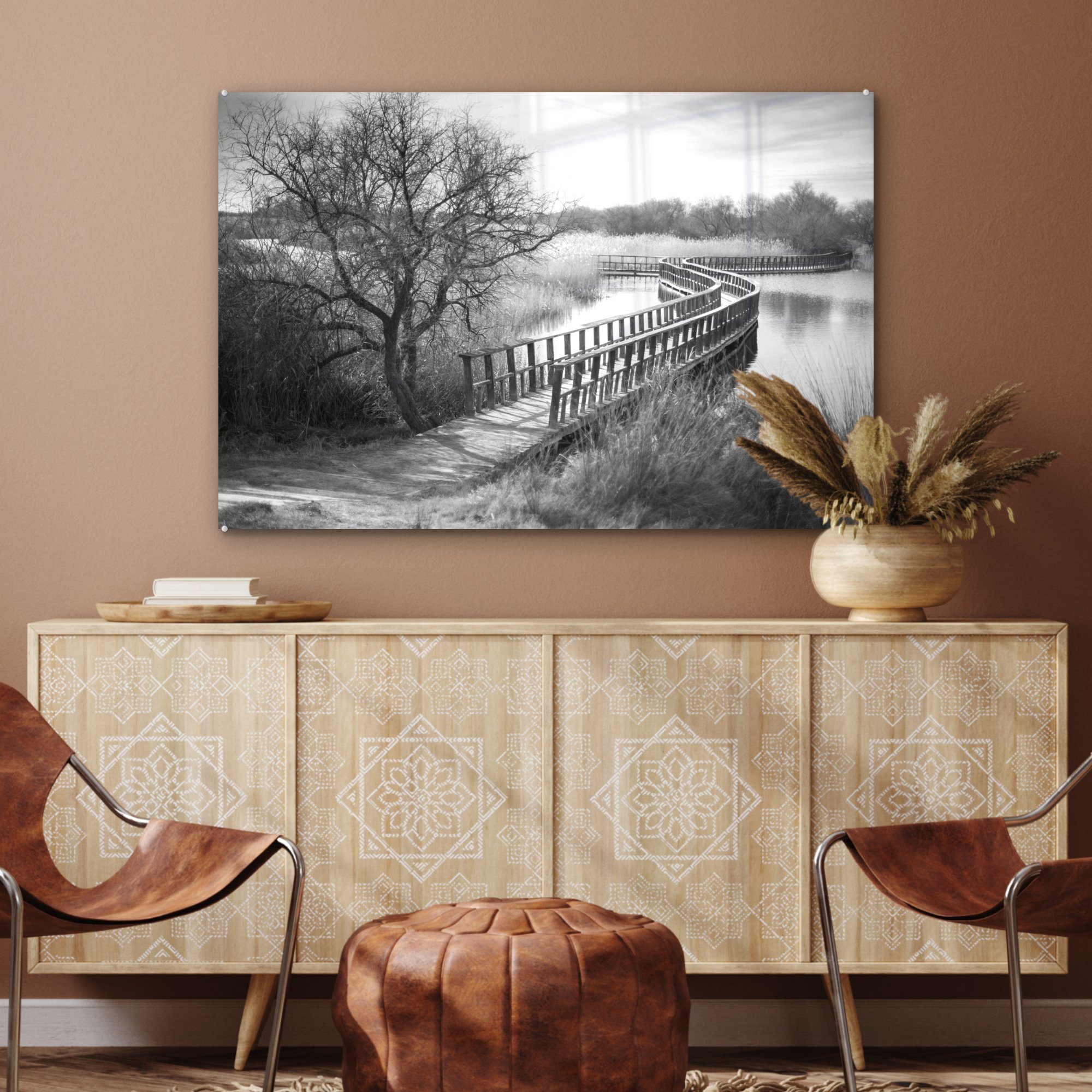 MuchoWow Acrylglasbild Brücke über des (1 Tablas die Acrylglasbilder St), & Nationalparks Daimiel Schlafzimmer de -, karge Wohnzimmer Landschaft
