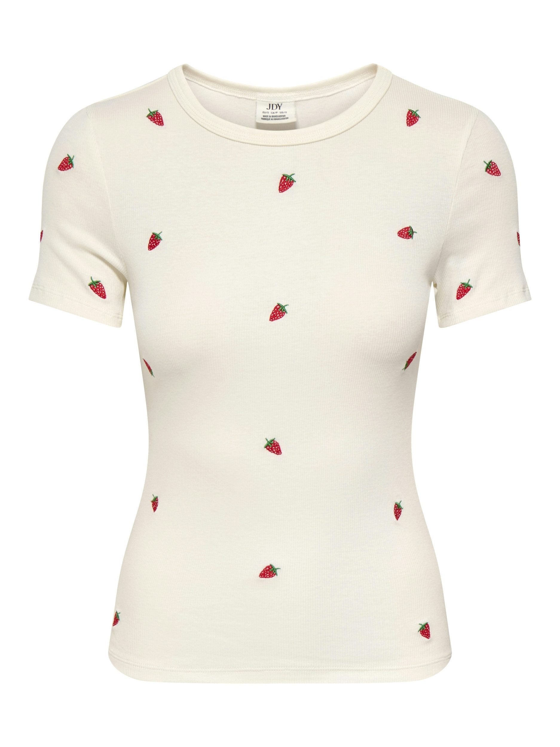 JDY T-Shirt JDYLUCKY S/S O NECK EMB TOP JRS DIA, Cloud Dancer/STRAWBERRY EMB