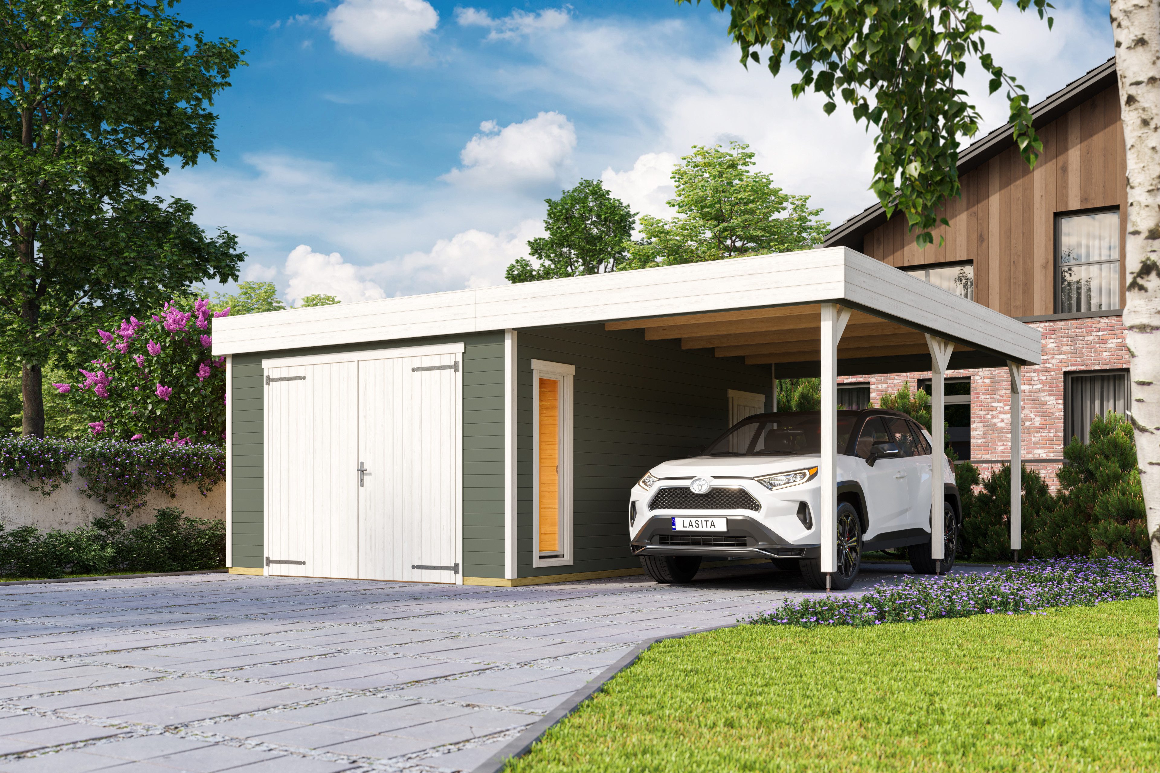 Nordic Holz Garage BAHAMAS, BxT: 680x560 cm, 197 cm Einfahrtshöhe, mit Holztor