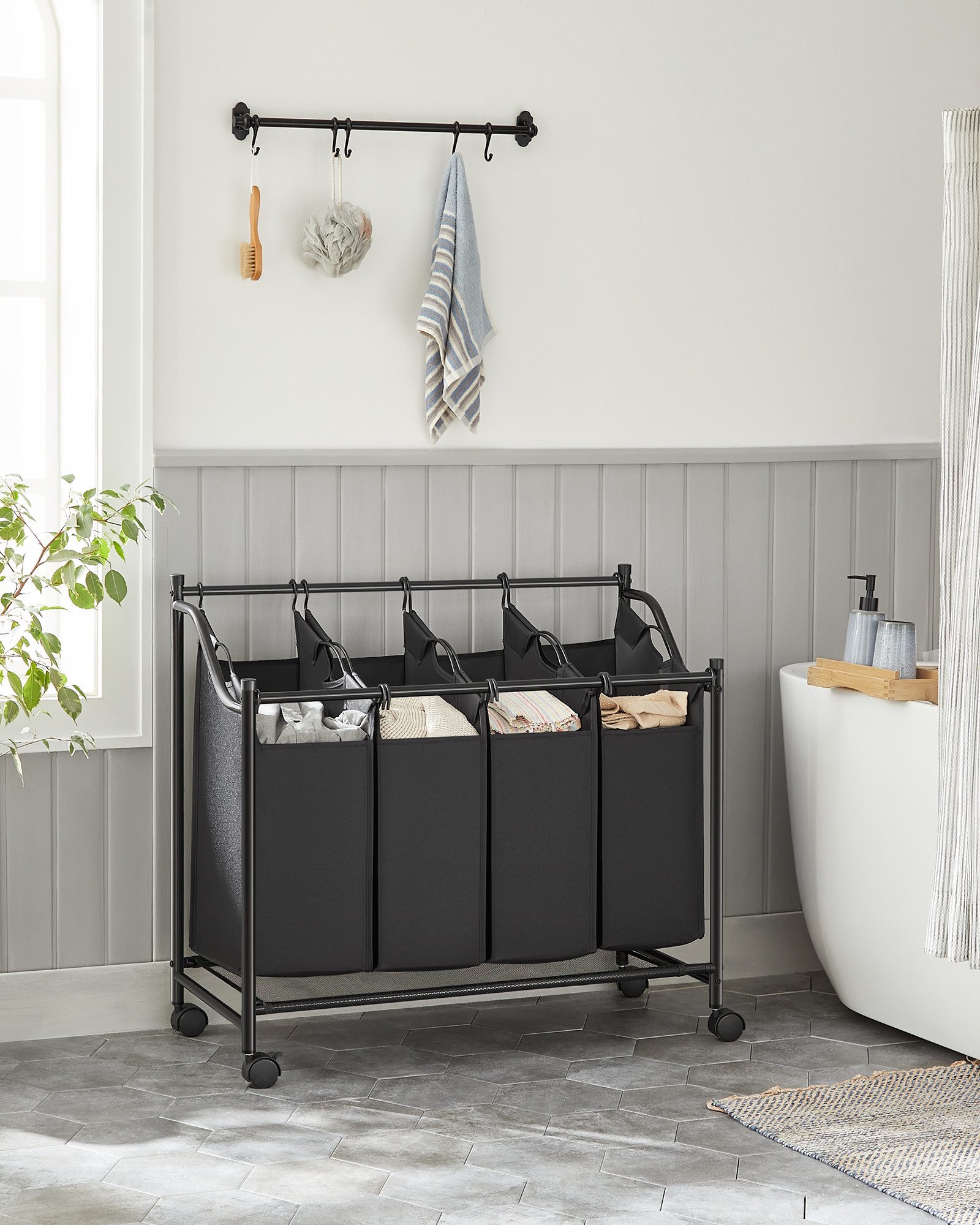 SONGMICS Wäschekorb mit 4 abnehmbaren Stofftaschen, mit Rollen, abnehmbaren günstig online kaufen