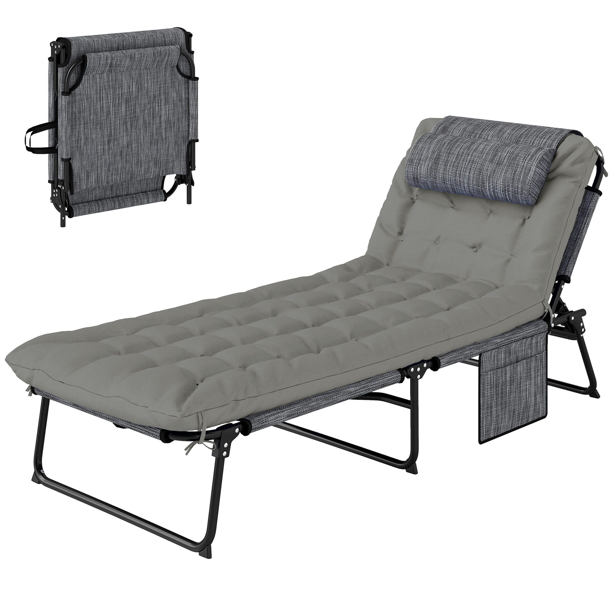 Outsunny Gartenliege Campingliege mit Kopfkissen, verstellbare Rückenlehne, Gartenstuhl, Campingliege, 1 St., Klappbett, für Garten, Balkon, bis 120 kg, Grau
