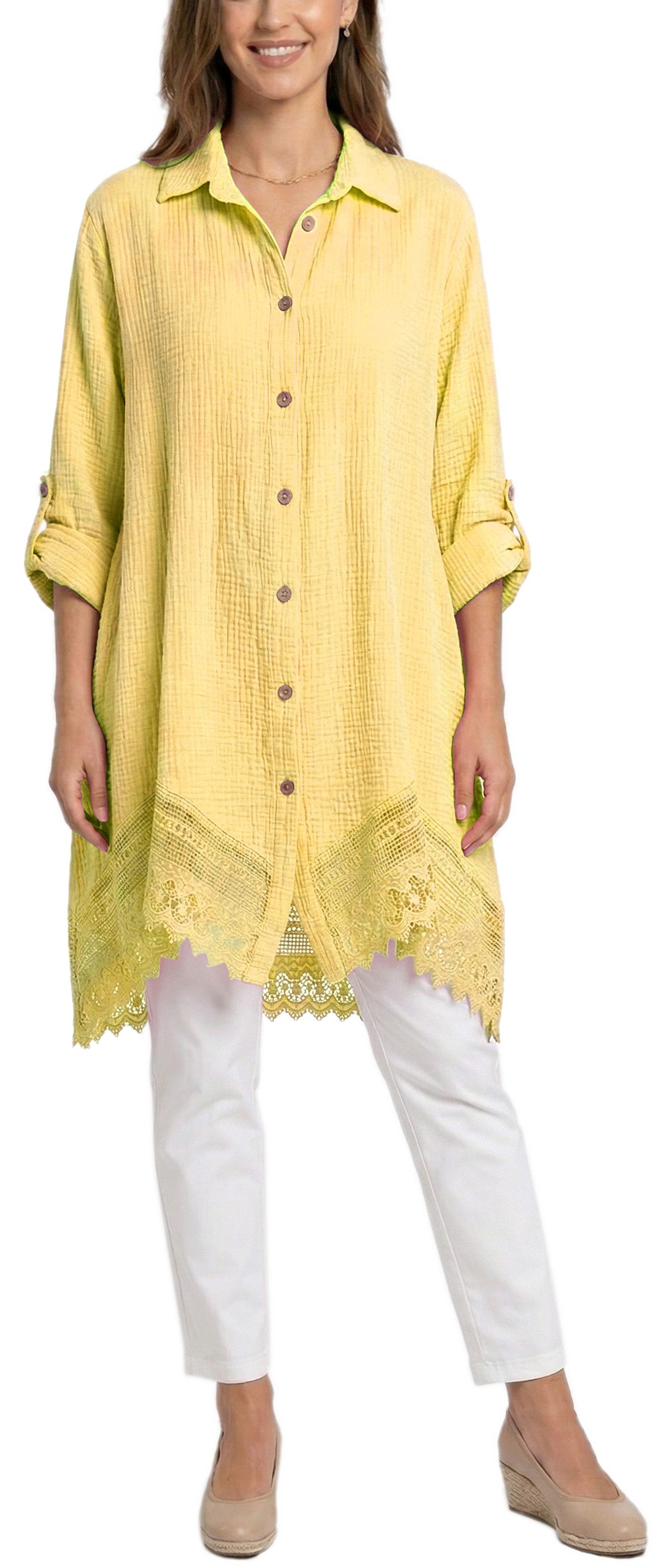 dy_mode Longbluse Damen Oversized Longbluse Musselin Tunika HemdbluseBlusenkleid in Unifarbe, dekorativem Häkel-Saum, Oversize-Passform