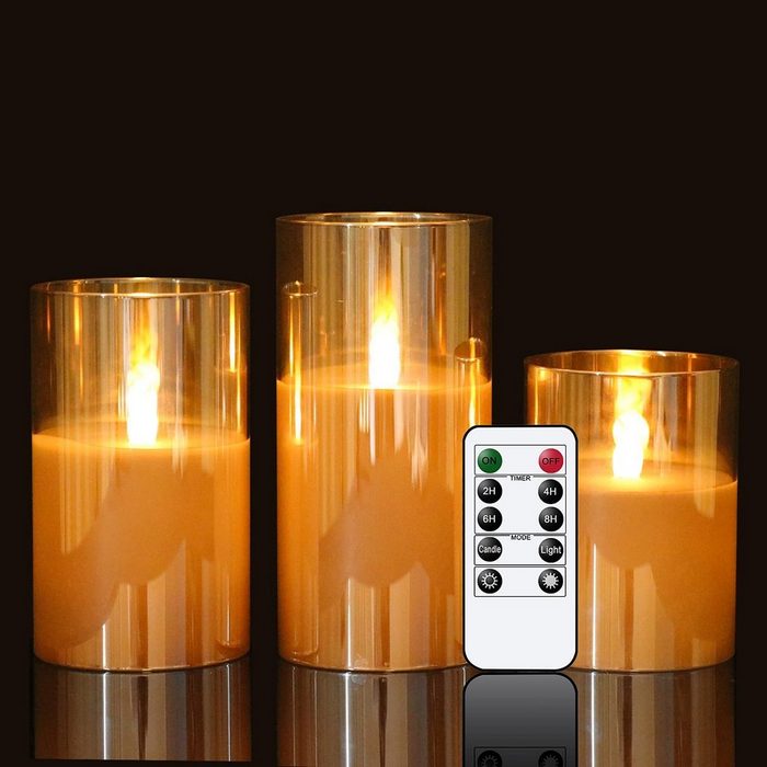 YOCKTECH LED-Kerze LED Kerzen Flammenlose Kerzen aus Glas LED Kerzen Mit Timerfunktion Flackernde Flamme mit 10-Tasten-Fernbedienung Warmes Licht Dekorative Set Mit 3 Batteriebetrieben Elektrokerzen Kerzen (10cm 12.5cm 15cm) für Outdoor/Haus/Festival