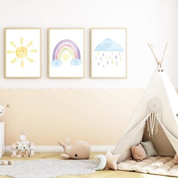 Tigerlino Poster Pastell Sonne Regenbogen Wolke 3er Set Kinderzimmer Bilder Babyzimmer