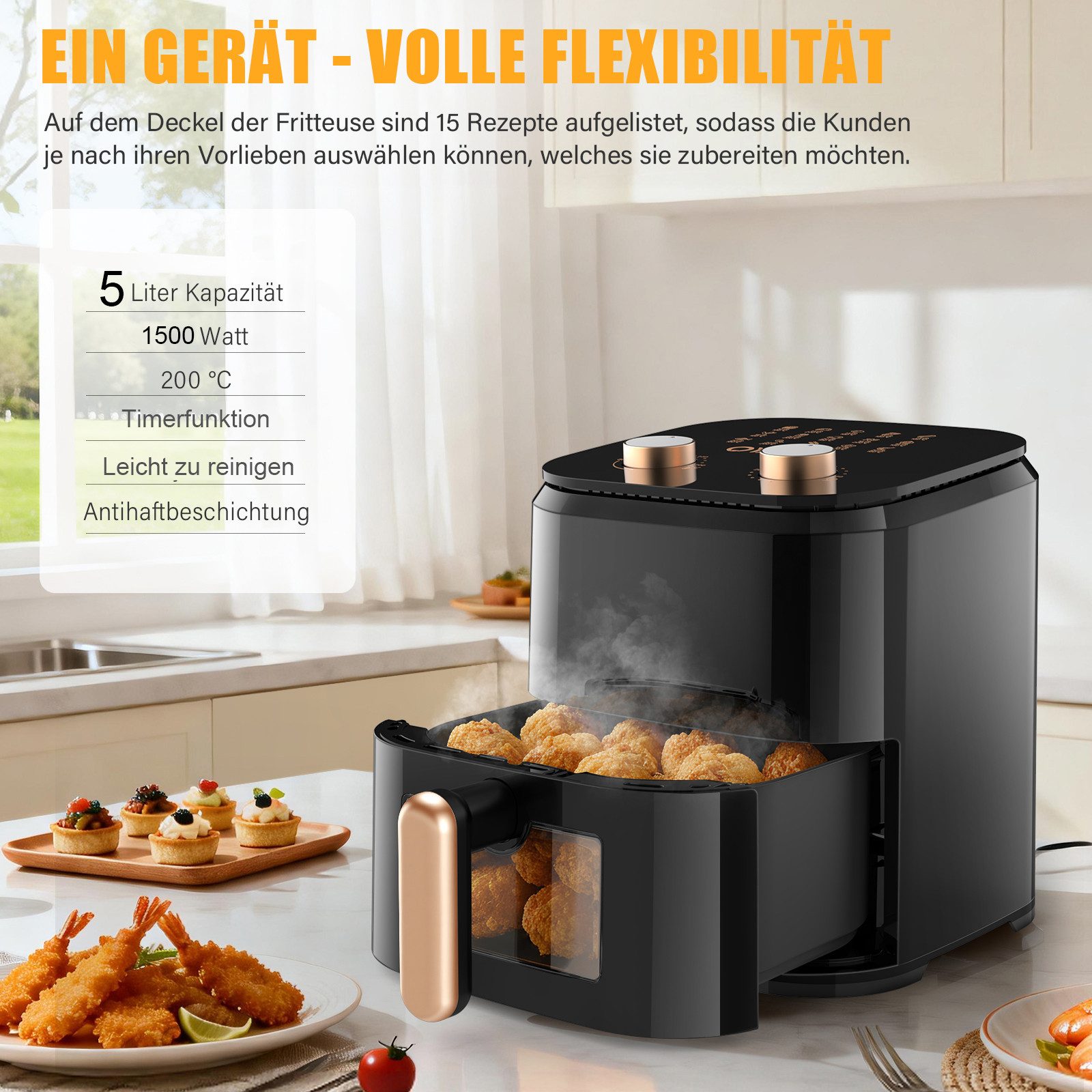 oyajia Heißluftfritteuse Airfryer 5L mit Sichtfenster, Drehknopf für Temperatur & Timer, Ohne ÖL, Kompakter Heißluftfritteuse mit 15 Menüoptionen, 1500 W, 3D-He – Bild 3 von 5