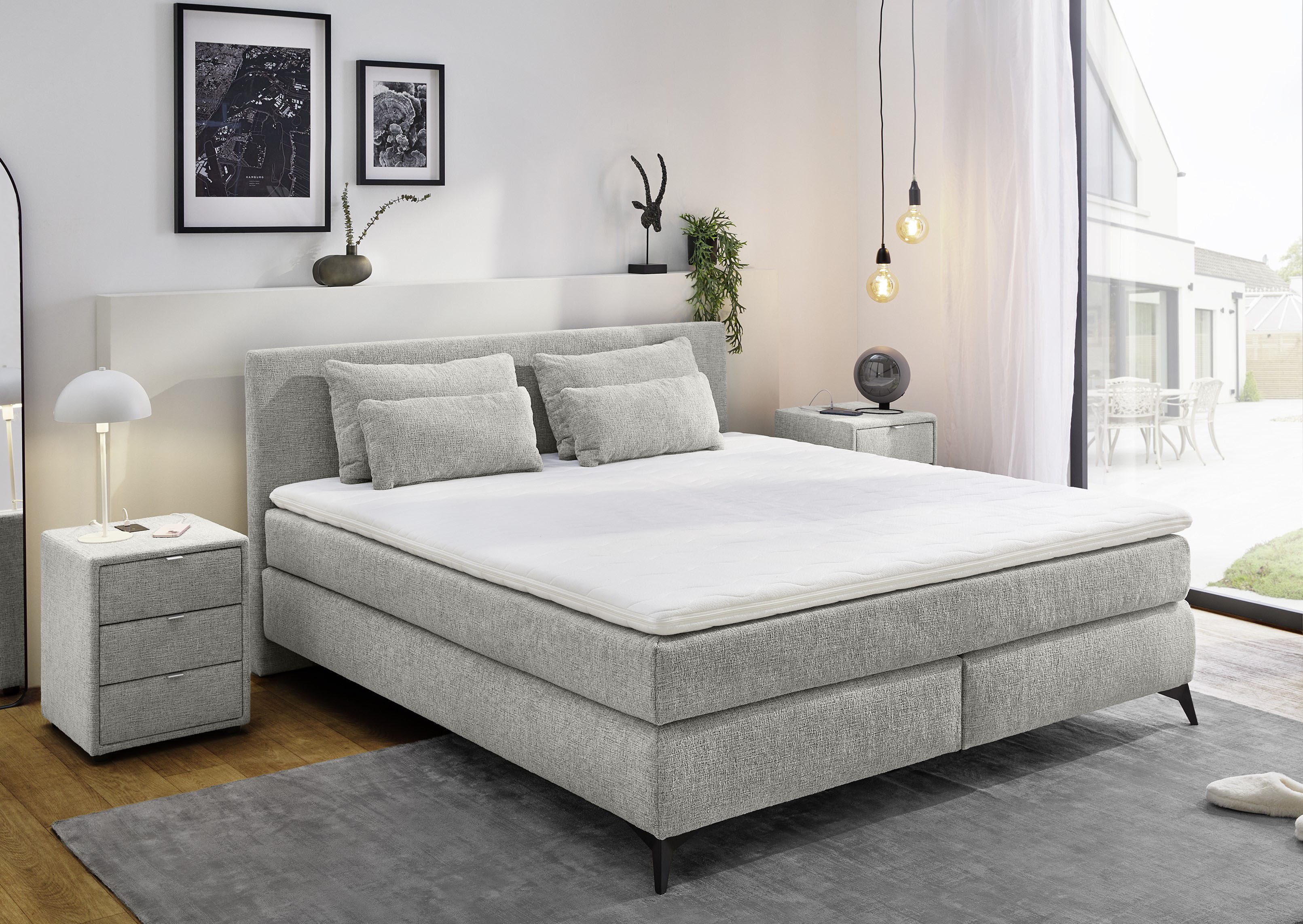 Jockenhöfer Gruppe Boxspringbett Paulina, inkl. Topper & Kissen, Härtegrade wählbar, 2 Stoffqualitäten, 140x200 cm oder 180x200cm, Chenille oder Cord
