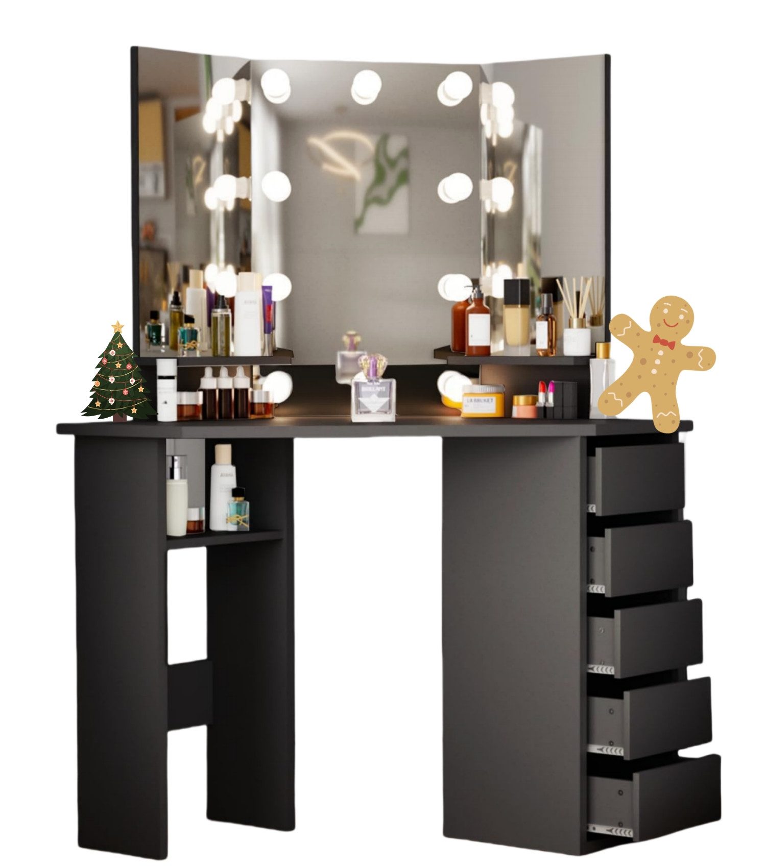 Schminktisch 112x50x142.5 cm Frisiertisch mit 3 Spiegel und 5 Schubladen