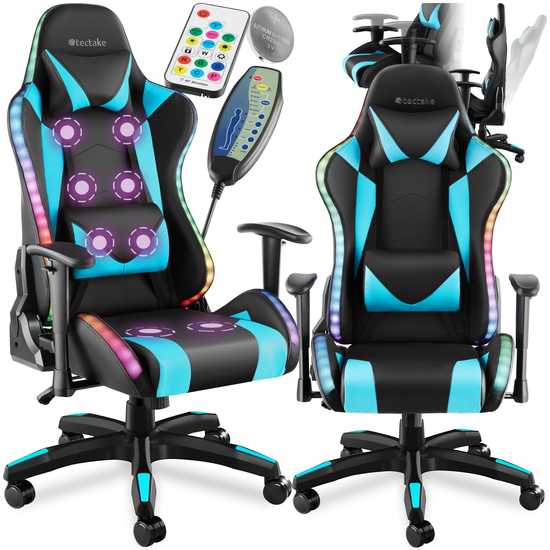 tectake Gaming-Stuhl Gaming-Sessel, Belastbarkeit 120 kg, mit verstellbarer Rückenlehne (Racing-Stuhl Tartaros, 1 St), LED-Beleuchtung & Massagefunktion, Kunstlederbezug, 360° drehbar