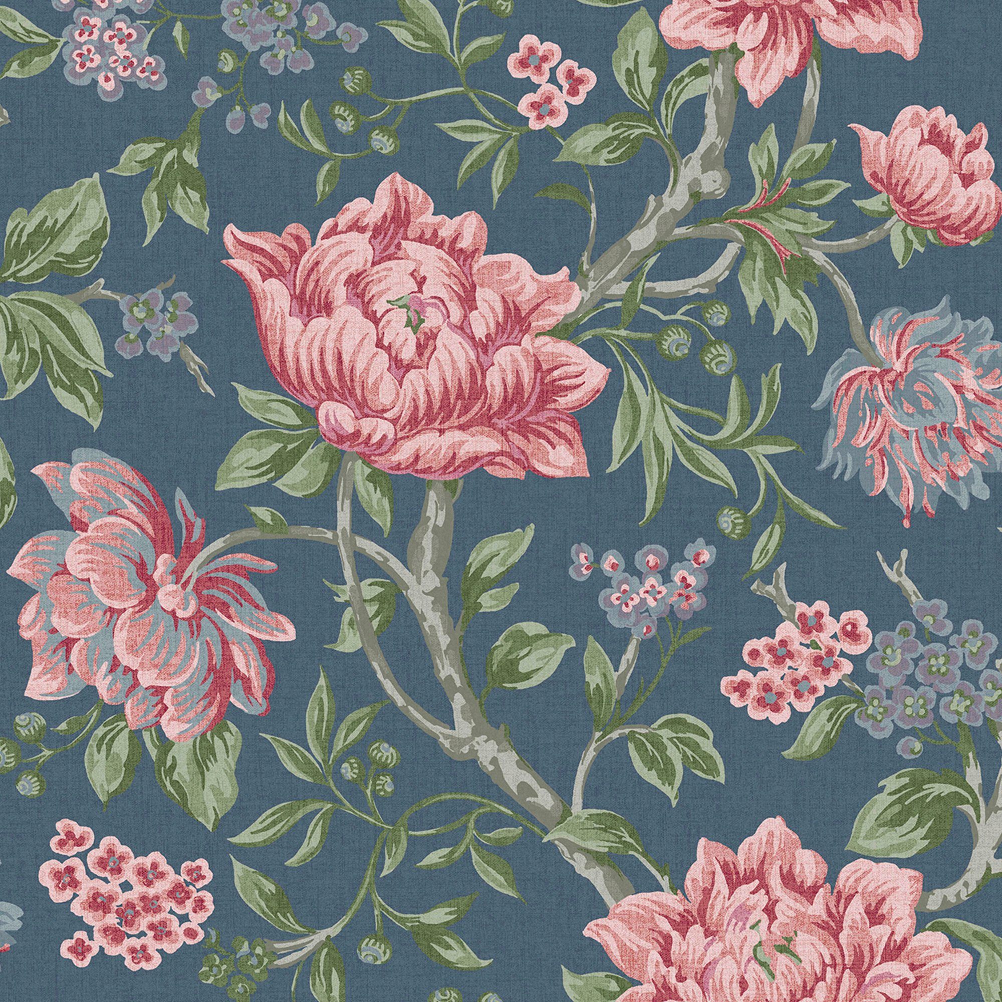 LAURA ASHLEY Vliestapete Tapestry Floral, FSC® zertifiziert, mit lebhaftem Druck, 10 Meter Länge blau