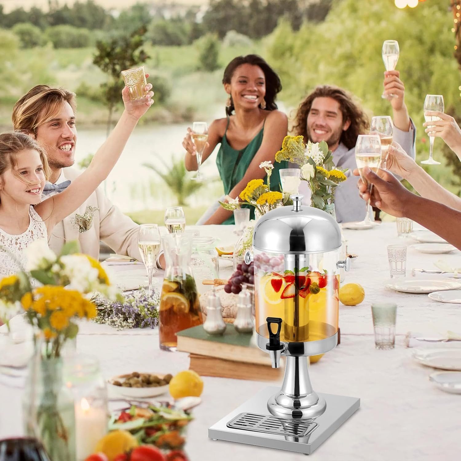 GarveeMore Getränkespender 8L mit Eiskern,Kaltgetränkespender aus Edelstahl mit Ständer, Zapfhahn und Abtropfschale für Limonade,Eistee,Saft,Partys,Hochzeiten