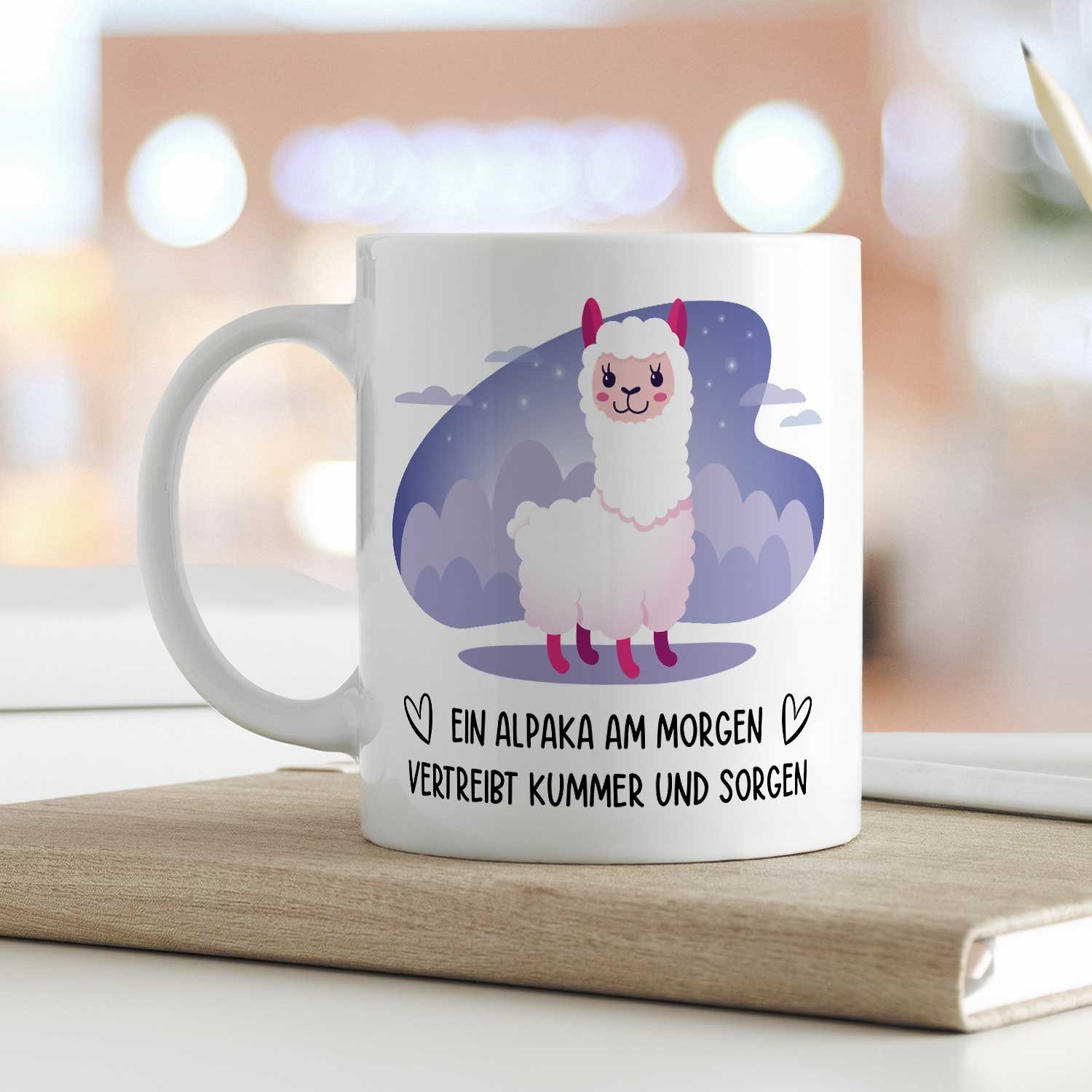 GRAVURZEILE Tasse bedruckt mit Spruch - Alpaka am Morgen - Lustige Geschenke, Keramik, - Farbe: Weiß