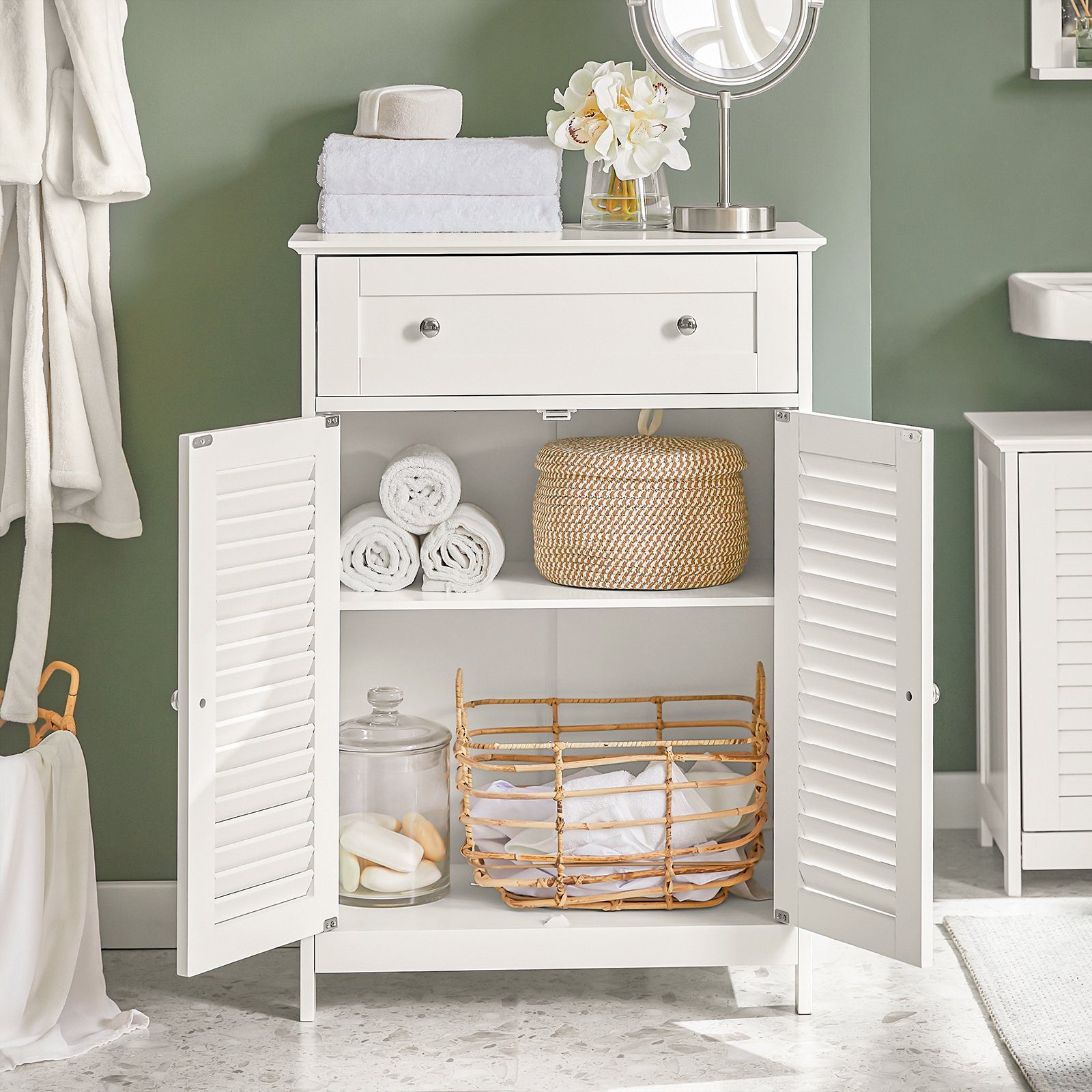 SoBuy Badkommode FRG238, Badezimmerschrank Sideboard Flurschrank Küchenschrank Badmöbel, Badschrank mit 2 Lamellentüren, Schublade, verstellbare Regalebene