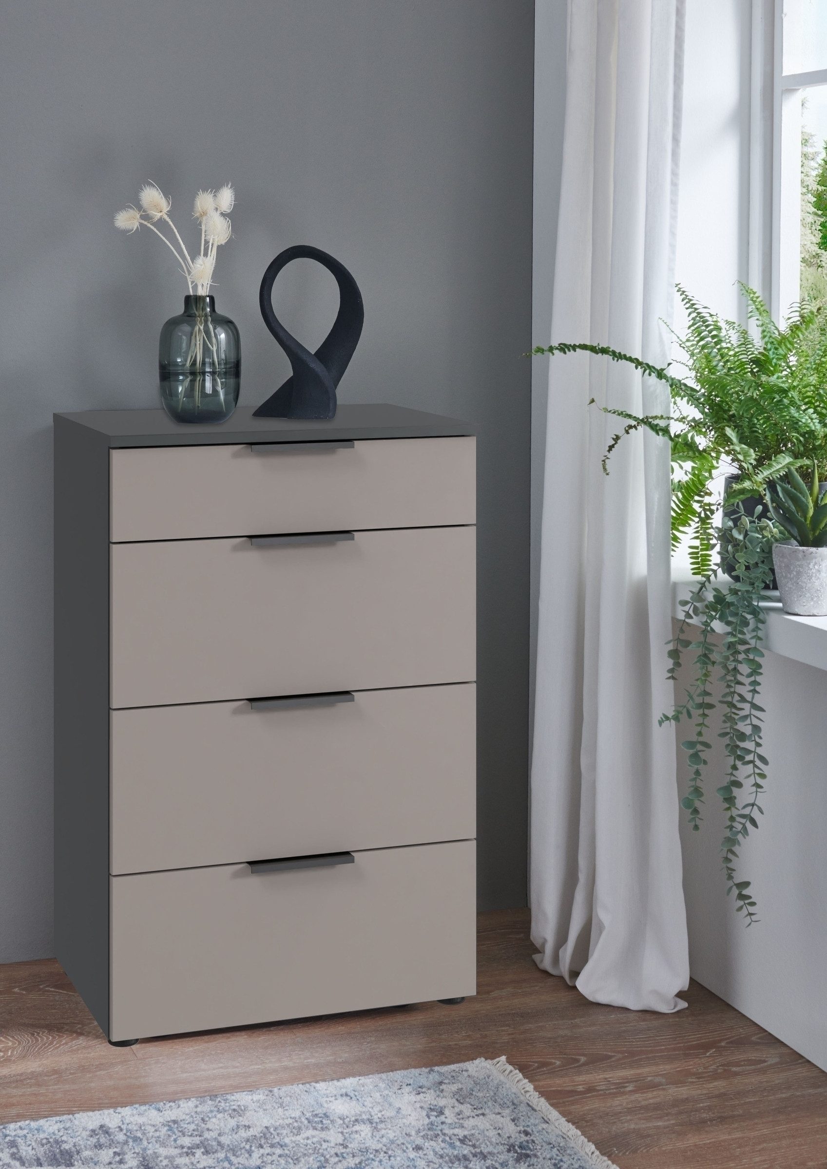 freiraum Hochkommode OXFORD, in Schubkästen Saharagrau / Graphit - 54x84x41cm (BxHxT)