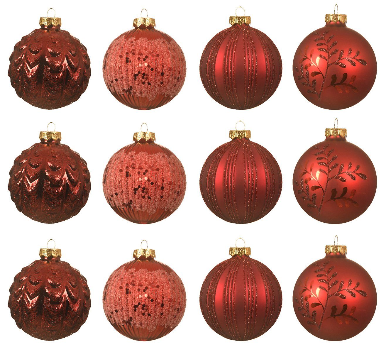 Decoris season decorations Weihnachtsbaumkugel, Weihnachtskugeln Glas 8cm mit Muster / Streifen 12er Set rot mix