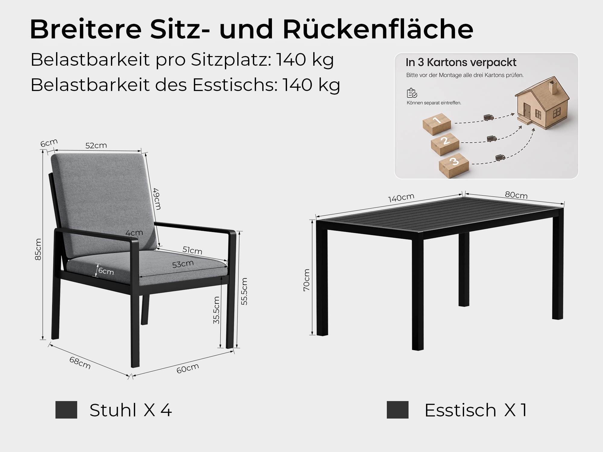 MeXo Gartenlounge-Set Lounge Gartenmöbelset Aluminium Wetterfest, (Garten Essgruppe für 4 Personen, 5-tlg., 4 Sessel, Esstisch 140x80x70 cm), 85 cm Rückenlehne, – Bild 5 von 5