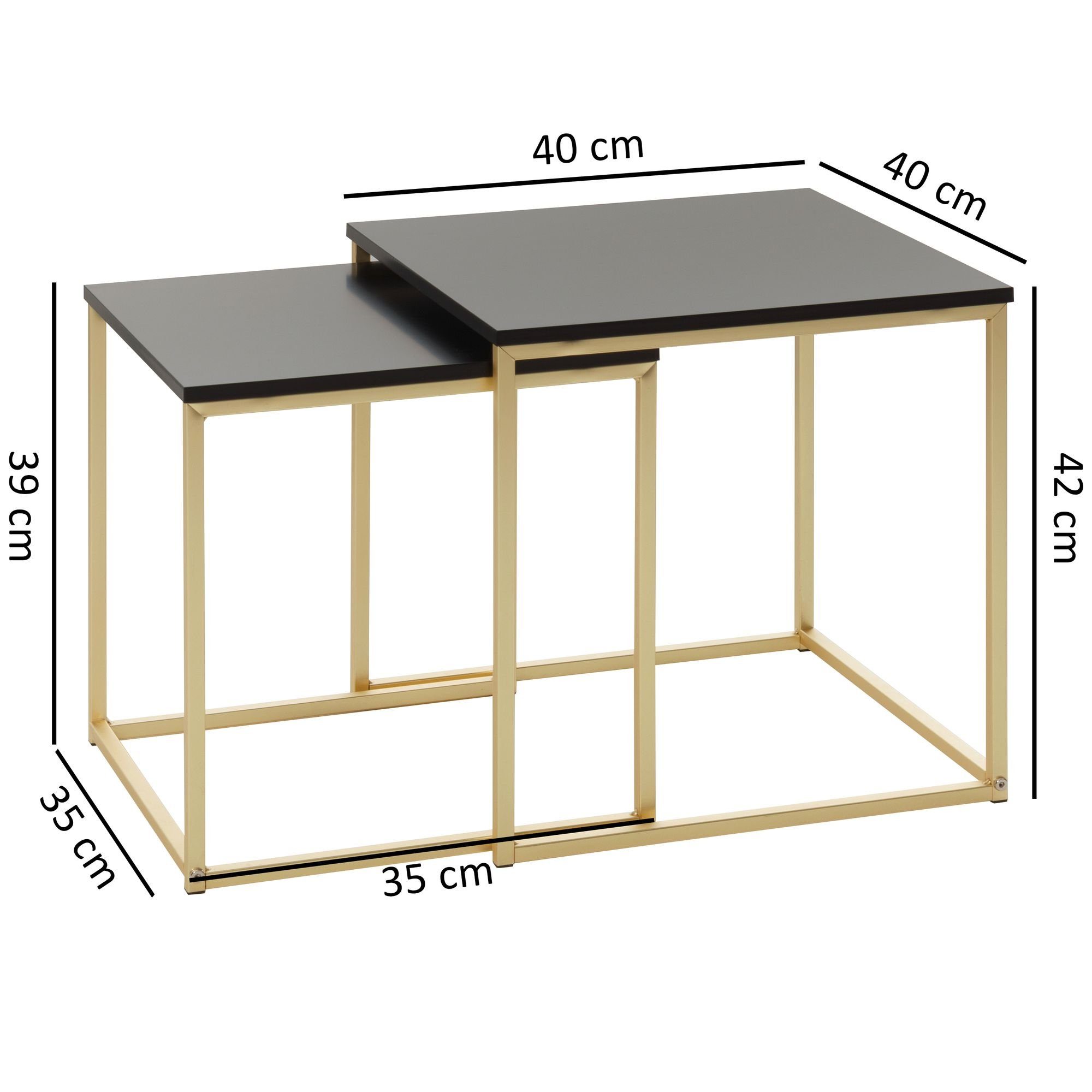 möbelando Satztisch Satztisch CHUR 2 Holzplatte, Beistelltisch / Set Tischen, / Metall, Kleiner CHUR / Ablagetisch aus Satztisch Couchtisch modern Gold MDF Metalltisch MDF, Schwarz mit Beistelltisch Gold Wohnzimmertisch, Schwarz