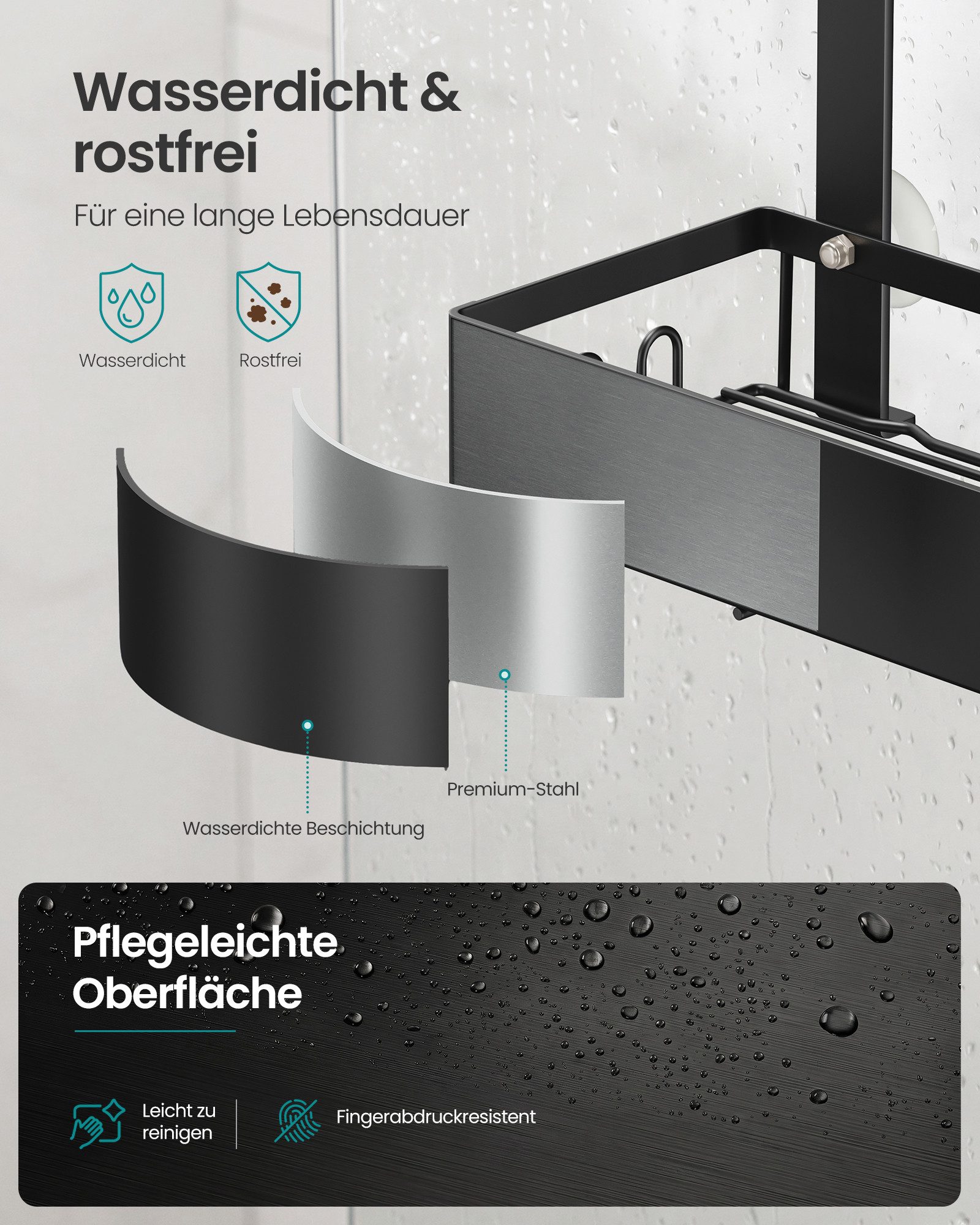 SONGMICS Duschablage Duschregal, ohne Bohren, rostfrei, aus Stahl, Shampoo Halterung, Badezimmer Organizer, 31,5 x 15,5 x 56 cm, 1er Set