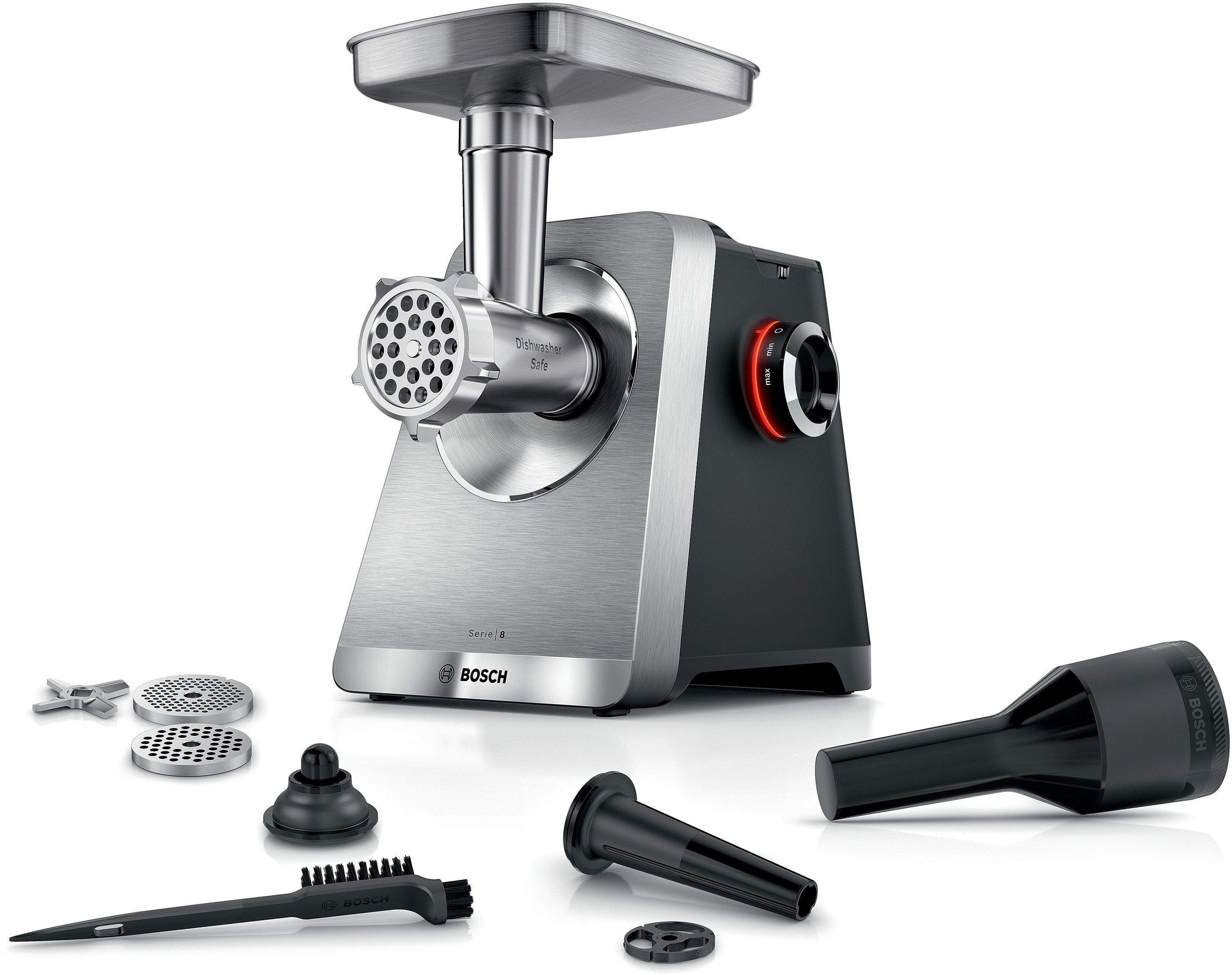 BOSCH Fleischwolf Serie 8 MFWS820M, bis zu 4,5 kg Fleisch pro Min., spülmaschinenfest, 800 W, Edelstahl, 10-Jahre Motorgarantie, mit drei Lochscheiben, 2.500 W