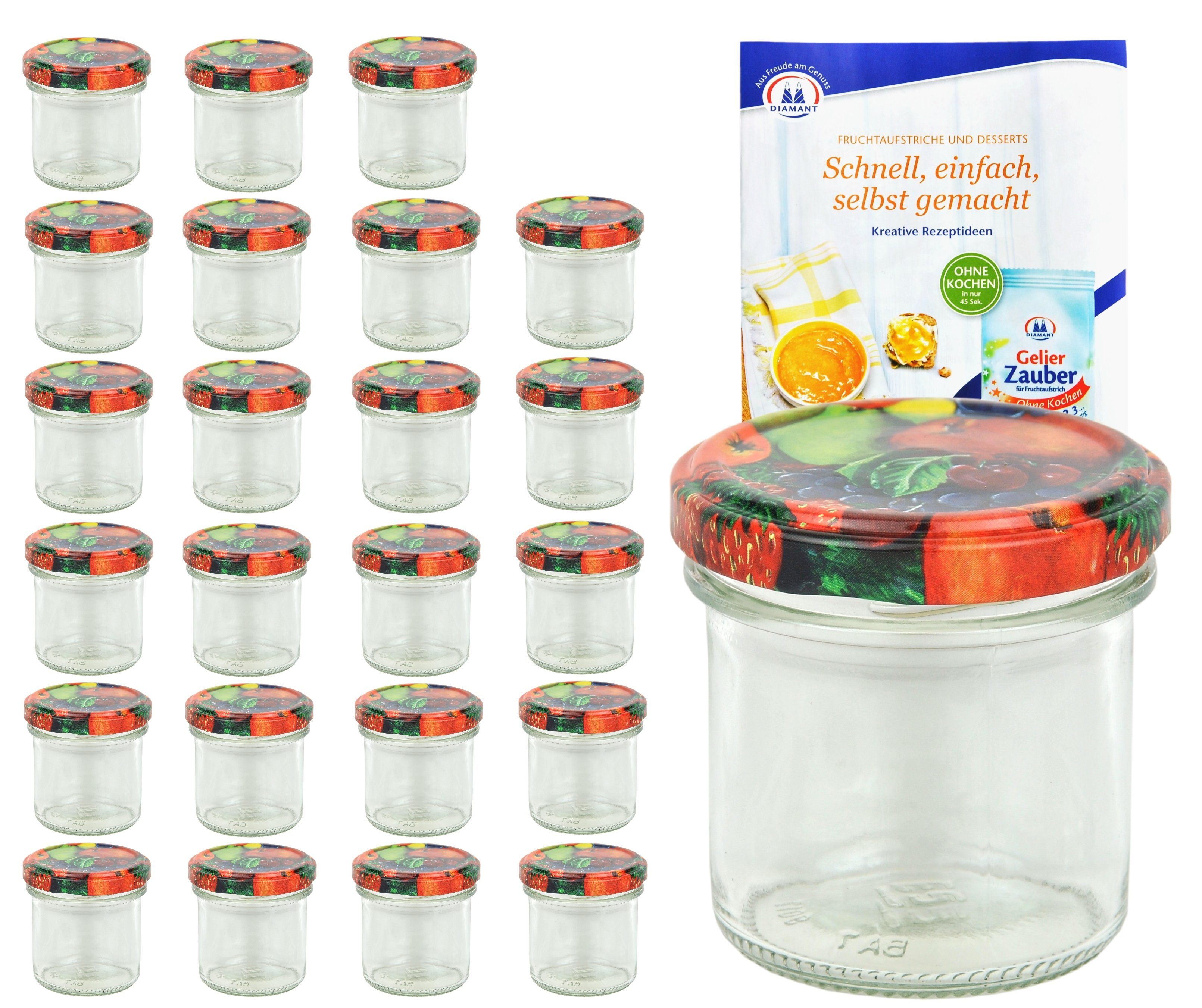 Einmachglas 24er Set Sturzglas 167 ml To 66 Obst Dekor Deckel incl. Rezeptheft