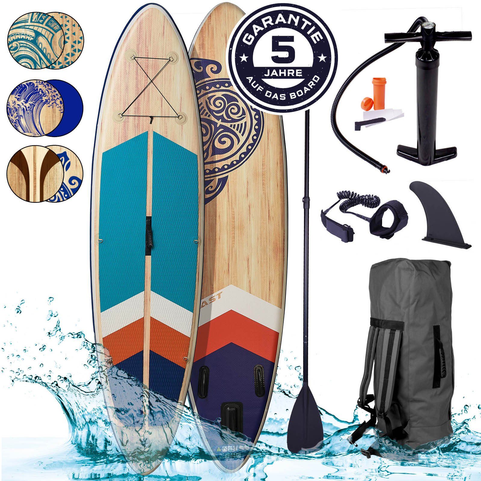 BRAST SUP-Board Tribal Ocean Sixties & Turtle, Aufblasbares Stand up Paddle Set, (320x81x15cm viele Modelle), incl. Zubehör, 5 Jahre Garantie, Fußschlaufe Paddel Pumpe Rucksack