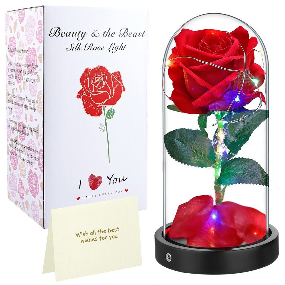 Kunstblume LED Geburtstag im Valentinstag Ewige MUPOO, LED-Licht, Hochzeitstag mit Muttertag Weihnachtstag Kunstblume Glas Blume Dekolicht Rose Rote für