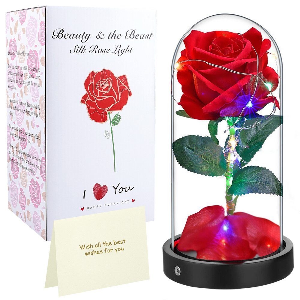 Kunstblume Rose LED Lichterketten Kunstblumenstrauß Rose in Glas,Kunstblume, MUPOO, Höhe 21 cm, für Muttertag Frauen Geburtstag Hochzeit Valentinstag Jubiläum Rote Blume