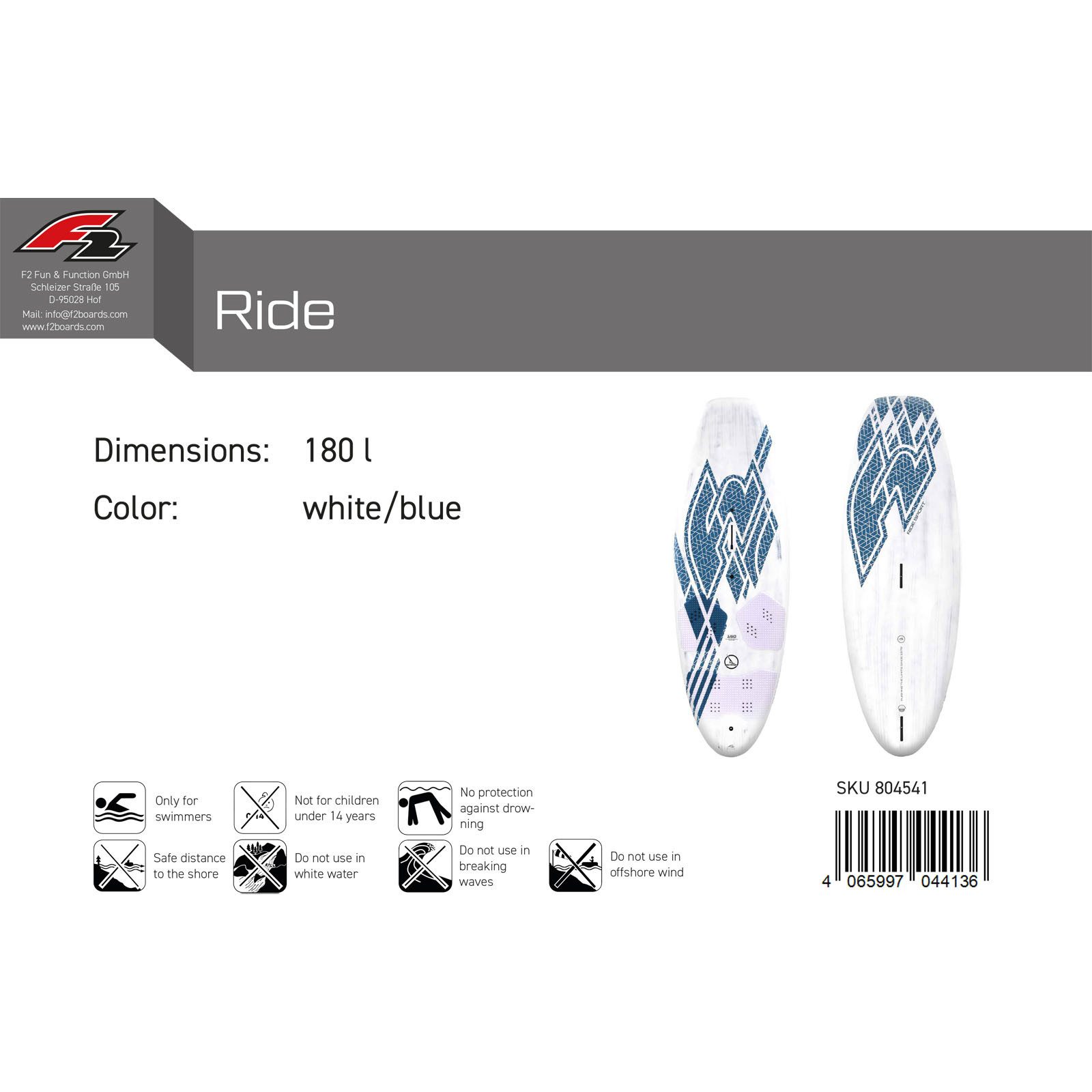 F2 Windsurfboard F2 Windsurfboard Ride Sport 180 l Weiss/Blau 2024/25, Surfbrett