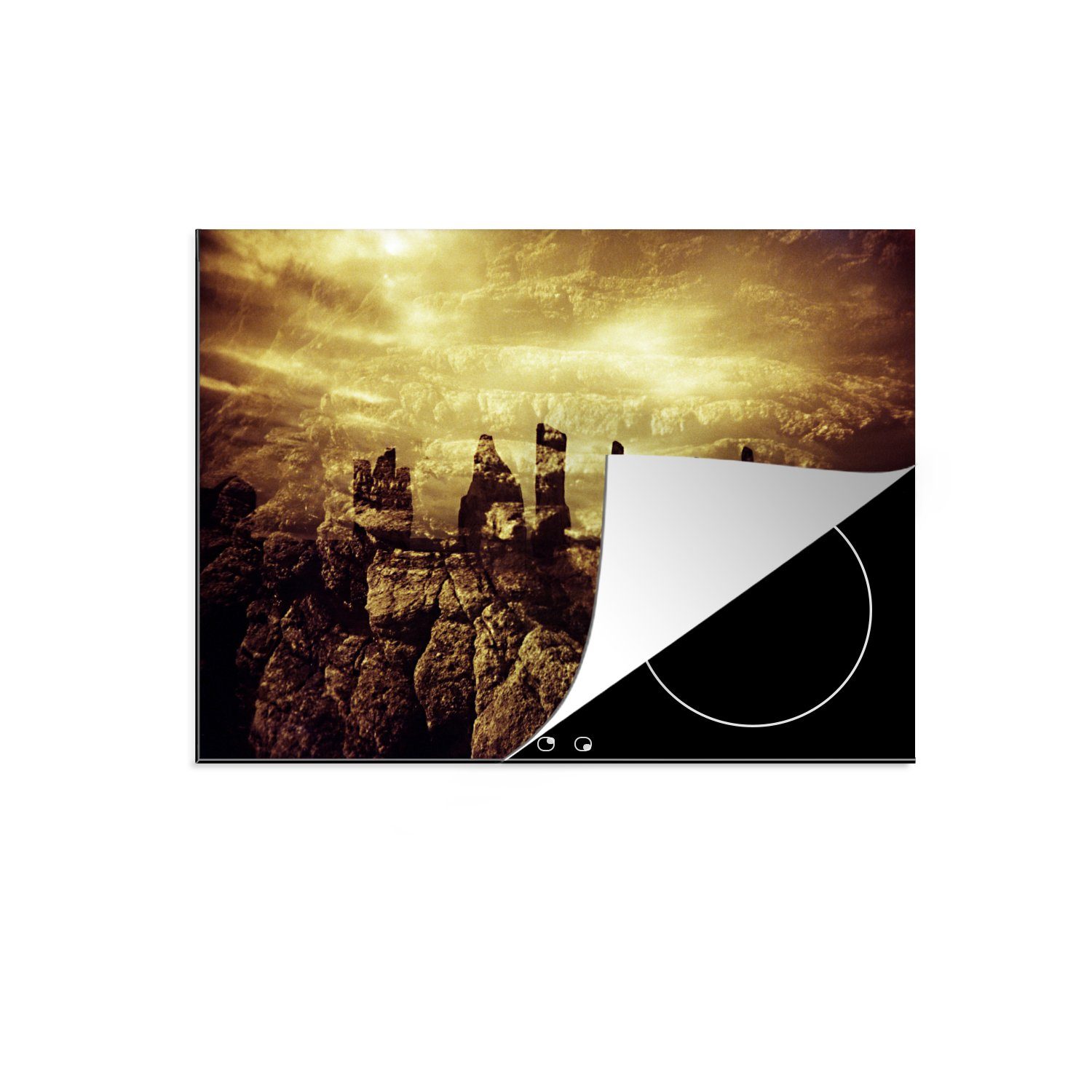 MuchoWow Herdblende-/Abdeckplatte Ein ockerfarbener Himmel bei den historischen Calanais Standing Stones, Vinyl, (1 tlg), 70x52 cm, Mobile Arbeitsfläche nutzbar, Ceranfeldabdeckung
