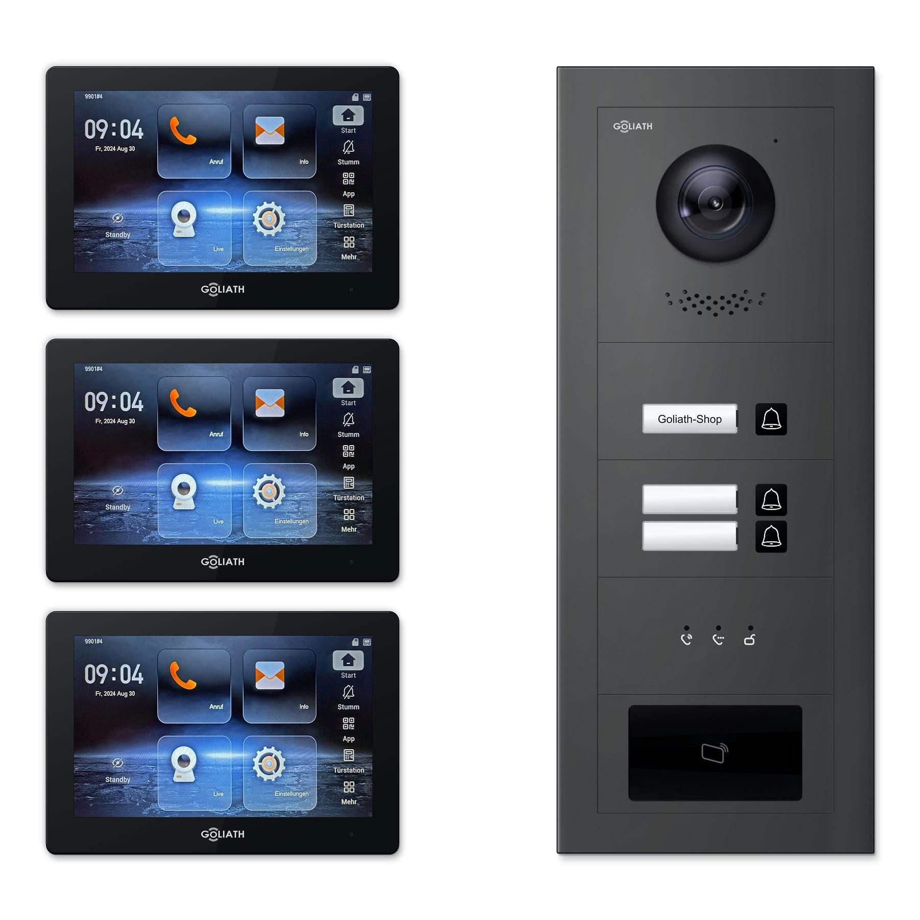 Goliath Intercom Video-Türsprechanlage Goliath 2-Draht BUS Video Türsprechanlage: 3 Familienhaus, RFID, Anzei (Privat oder Gewerblich)