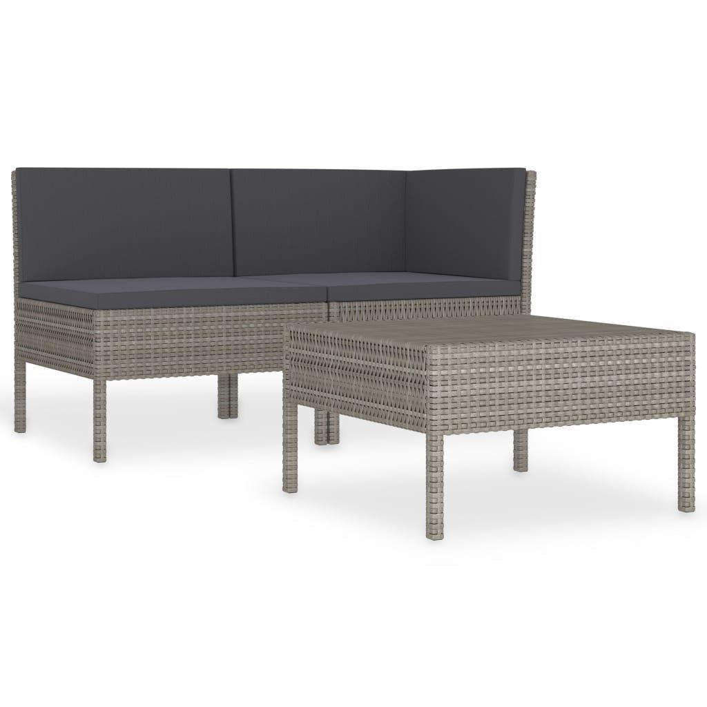 vidaXL Gartenlounge-Set 3-tlg. Garten-Lounge-Set mit Auflagen Poly Rattan Grau, (1-tlg)