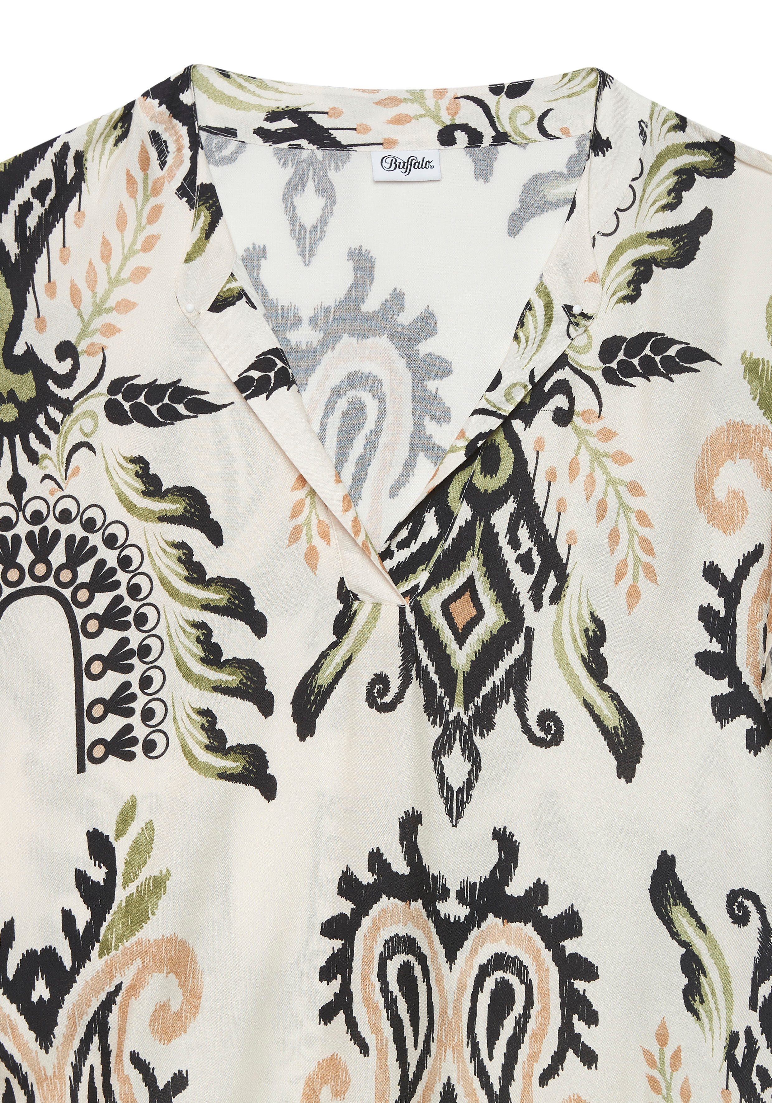 Buffalo Blusenkleid mit Alloverprint und Volant am Saum lockeres Sommerkleid, Strandkleid, sommerliches Tunikakleid, Boho-Stil