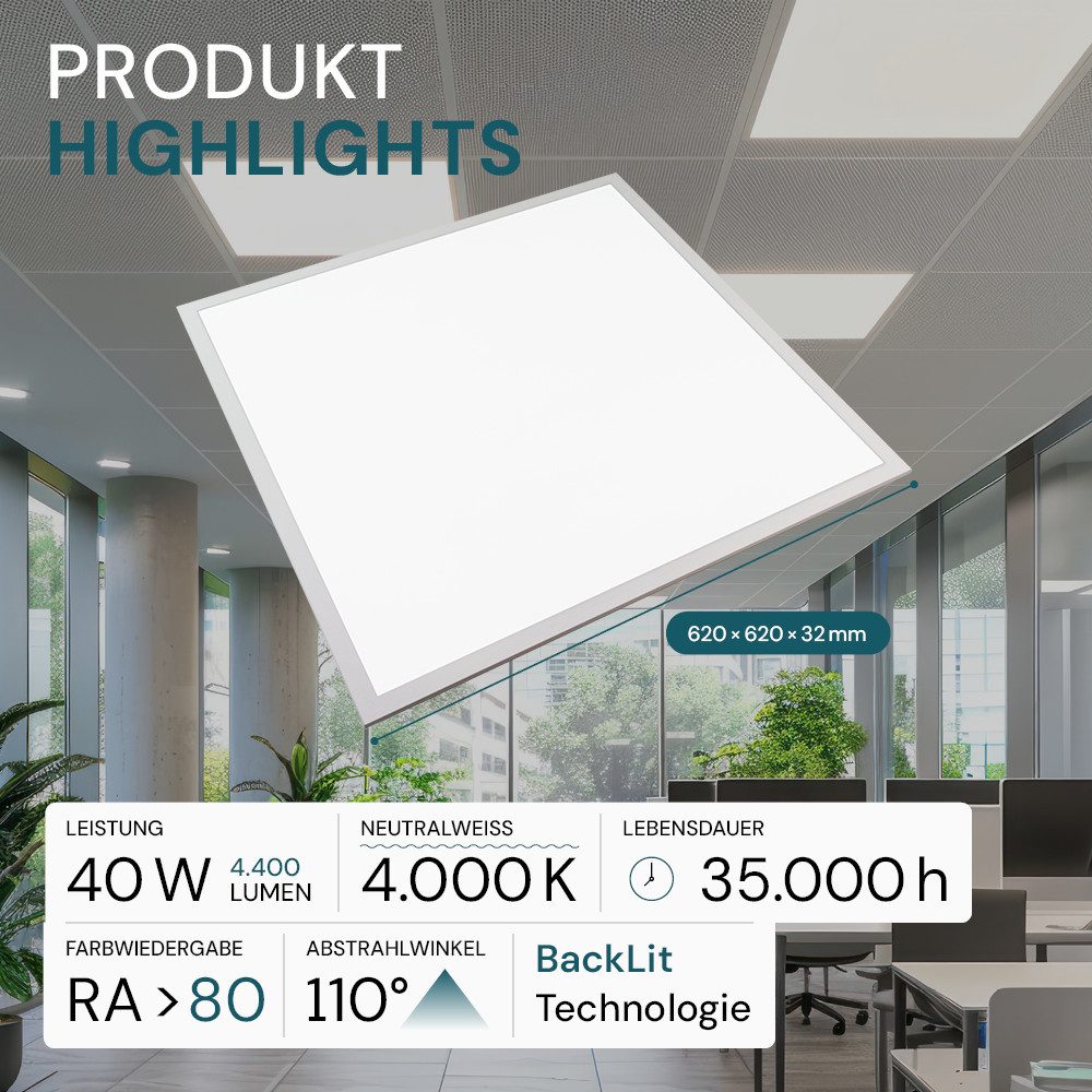 LUXULA LED Rasterleuchte LUXULA LED Panel 40 W 4000 K neutralweiß, LED fest integriert, Neutralweiß