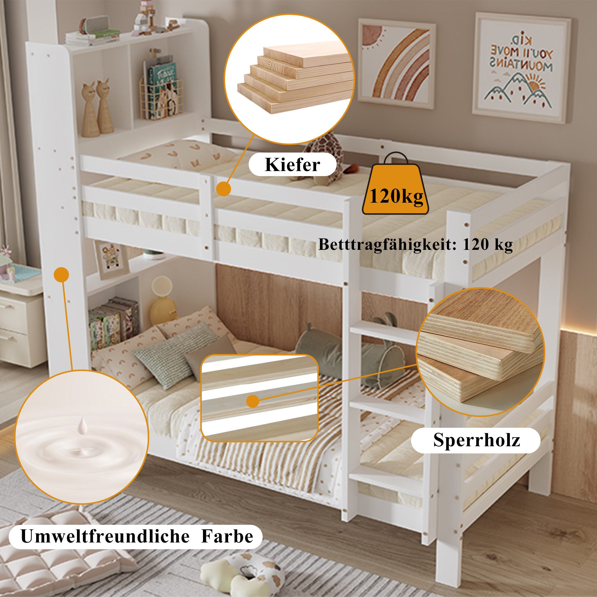 Merax bunk bed (youth bed, 1-piece), pine wood children's bed 90x200cm with headboard shelves, ladder, storage space, and fence