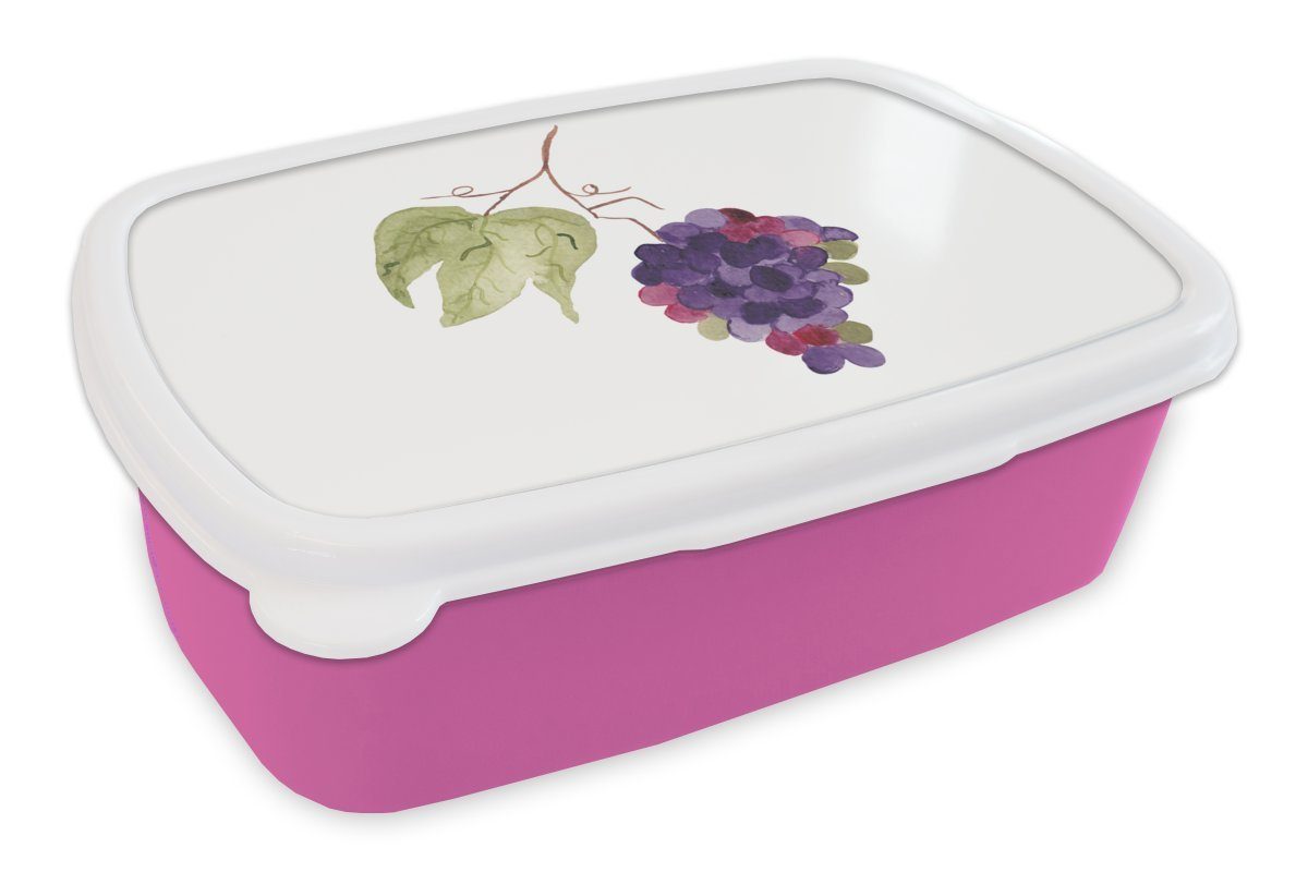 MuchoWow Lunchbox Weintrauben - Blätter - Aquarell, Kunststoff, (2-tlg), Brotbox für Erwachsene, Brotdose Kinder, Snackbox, Mädchen, Kunststoff rosa